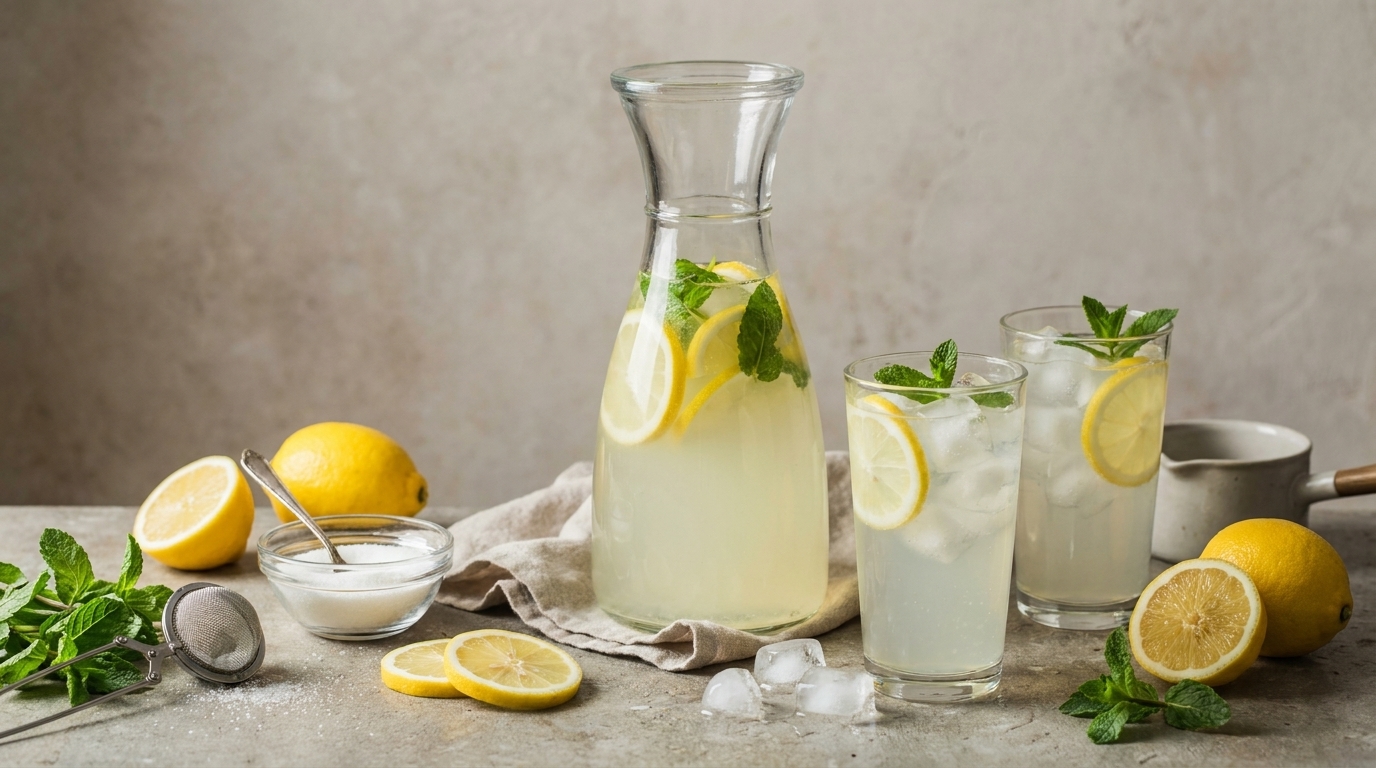 Ein Glas Limonade mit Eiswürfeln und Zitronenscheiben steht neben einer Karaffe Limonade, die ebenfalls mit frischen Zitronen und Minze garniert ist. Dazu liegen einige Zitronen und ein Löffel auf einem Tisch.