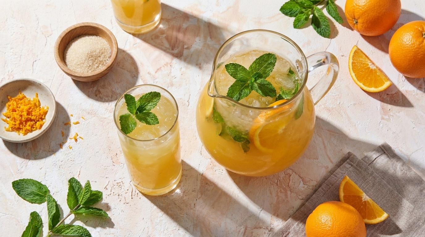 Ein Krug mit erfrischendem Getränk, garniert mit Minze, steht neben einem Glas. Daneben sind frische Orangen, Orangenschalen und ein Schälchen mit Zucker zu sehen. Die Atmosphäre vermittelt einen sommerlichen, einladenden Eindruck.