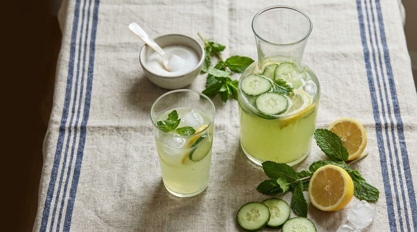 Ein Glas und eine Karaffe mit einem erfrischenden Getränk aus Zitrone, Gurke und Minze stehen auf einem Tisch, umgeben von frischen Zitronenscheiben und Minzblättern. Eiswürfel sind sichtbar im Glas.