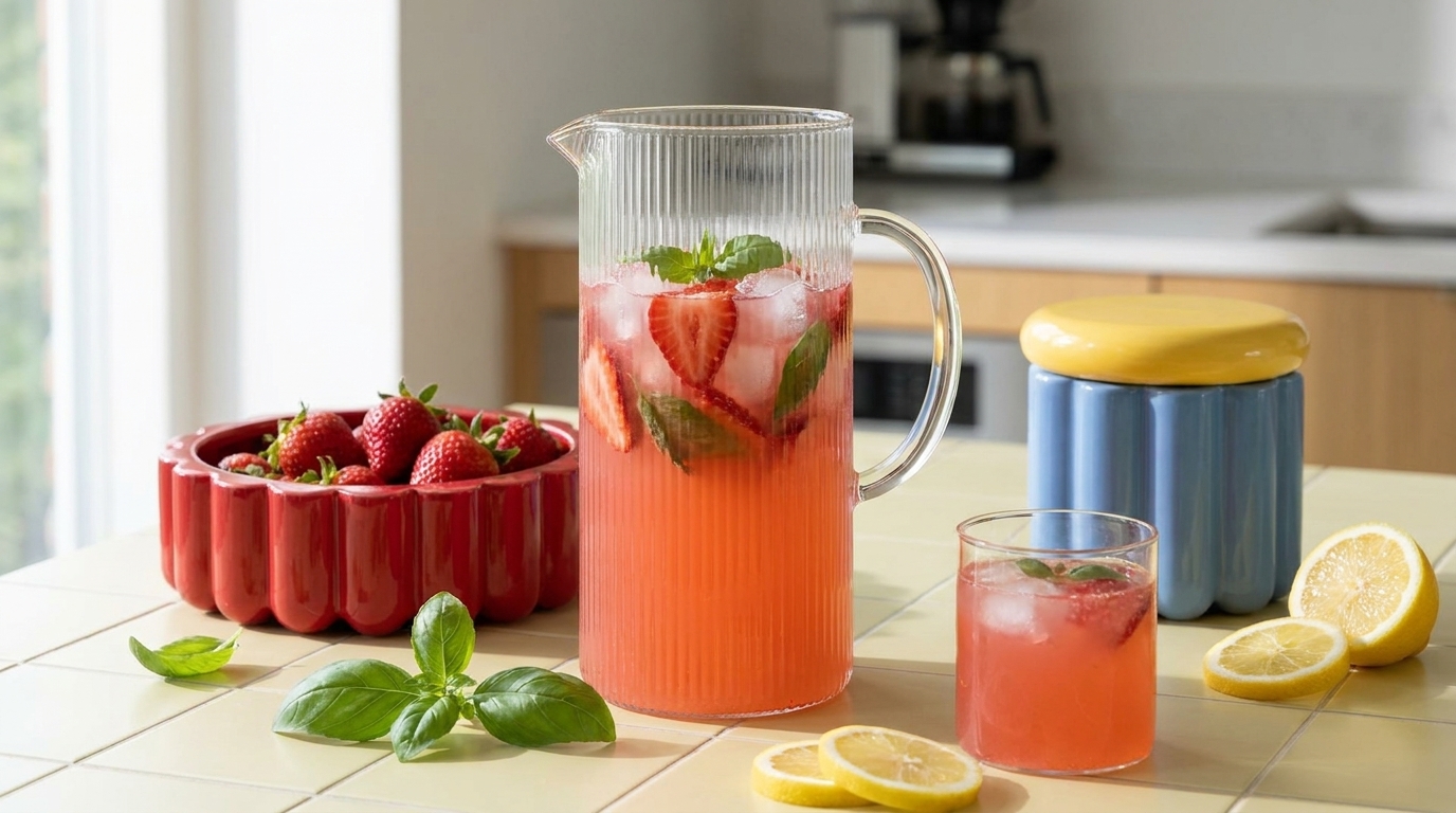 Ein Krug mit pinkem Getränk, gefüllt mit Eis, Erdbeeren und frischem Basilikum, steht auf einem Tisch. Daneben ein Glas mit demselben Getränk, ein roter Schalen mit Erdbeeren und einige Zitronenscheiben sind ebenfalls zu sehen.