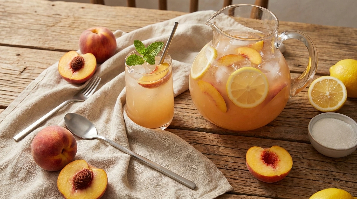 Ein Glas Pfirsichlimonade mit Minze steht neben einem Krug, der ebenfalls mit Limonaade und Pfirsichscheiben gefüllt ist. Um das Glas und den Krug liegen frische, aufgeschnittene Pfirsiche und eine Zitrone. Der Tisch hat eine rustikale Holzoberfläche.