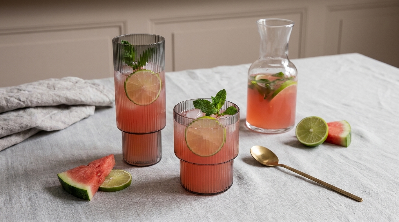 Zwei dekorative Gläser mit Wassermelonen-Getränk, garniert mit Limettenscheiben und Minze, stehen auf einem Tisch. Neben den Gläsern liegt eine Karaffe mit dem gleichen Getränk. Auf dem Tisch sind auch Melonenstücke und Limettenhälften sichtbar.