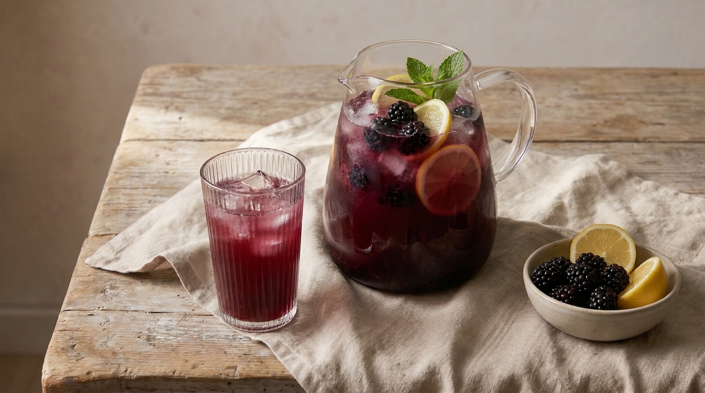 Ein Krug mit dunklem Getränk, gefüllt mit Eis, Zitronenscheiben, Minzblättern und Brombeeren, steht auf einem Holztisch. Daneben ein Glas mit dem gleichen Getränk und eine kleine Schale mit frischen Brombeeren. Ein lässiges, einladendes Stillleben.