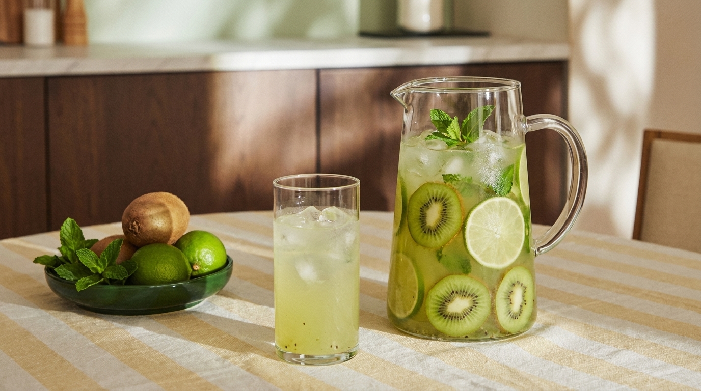 Ein Glas und ein Krug mit einem erfrischenden Getränk stehen auf einem Tisch. Der Krug ist mit Limetten- und Kiwi-Scheiben sowie frischen Minzblättern gefüllt. Im Hintergrund sehen wir einen Obstteller mit mehreren Limetten und einem Kiwi.