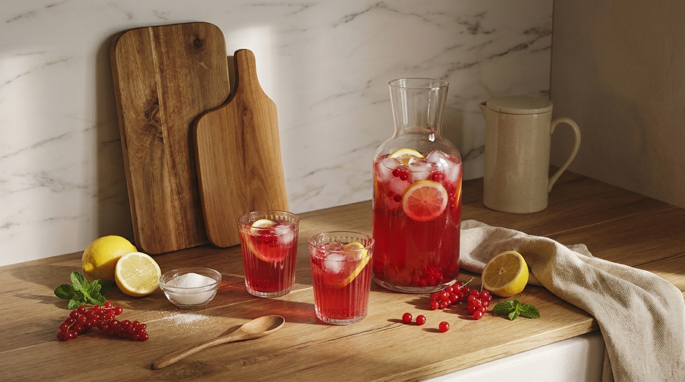 Auf einem Holztisch stehen zwei Gläser mit einem roten Getränk, dekoriert mit Zitronenscheiben und Beeren. Daneben befindet sich eine Glaskaraffe und eine weiße Kanne. Frische Zitronen und ein Löffel liegen ebenfalls auf dem Tisch, umgeben von einer neutralen Tischdecke.
