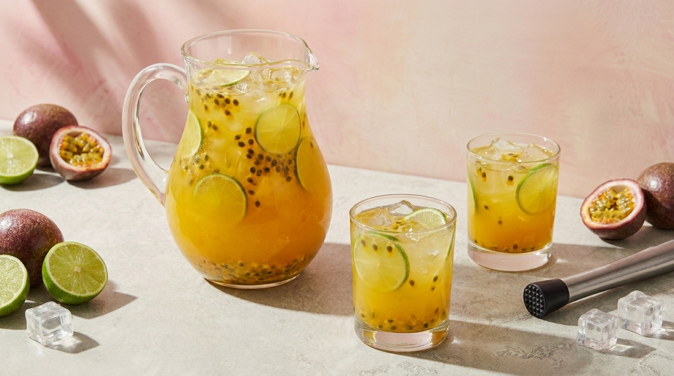 Ein großer Krug mit einem erfrischenden Getränk, gefüllt mit Eis, Passionsfruchtstücken und Limettenscheiben, steht auf einem Tisch. Neben dem Krug stehen zwei Gläser mit dem gleichen Getränk. Einige halbierte Passionsfrüchte und Limetten sind um den Krug verteilt.
