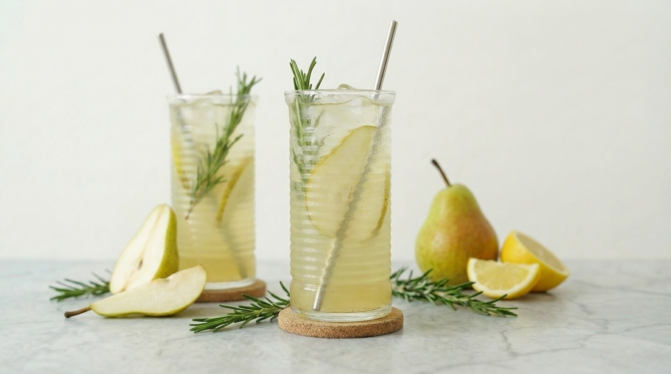 Zwei Gläser mit einem erfrischenden Getränk, das mit Eis, Apfelscheiben und Rosmarin garniert ist. Neben den Gläsern liegen frische Apfel- und Zitronenscheiben sowie eine ganze Birne auf einem hellen Tisch.