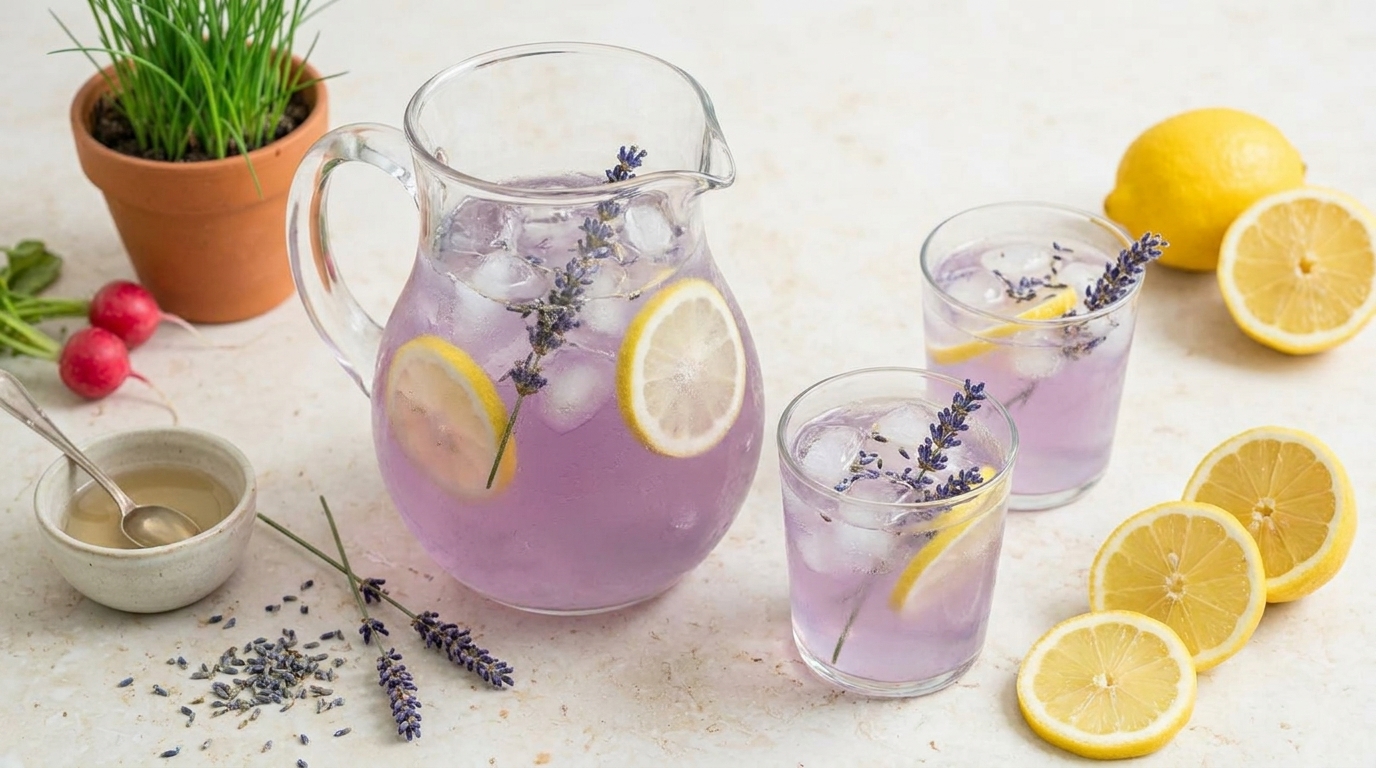 Ein Krug mit lavendelfarbenem Getränk, gefüllt mit Eis und Zitronenscheiben, steht auf einem Tisch. Neben dem Krug befinden sich zwei Gläser mit dem gleichen Getränk, die mit Lavendel dekoriert sind. Im Hintergrund liegen frische Zitronen und Radieschen.