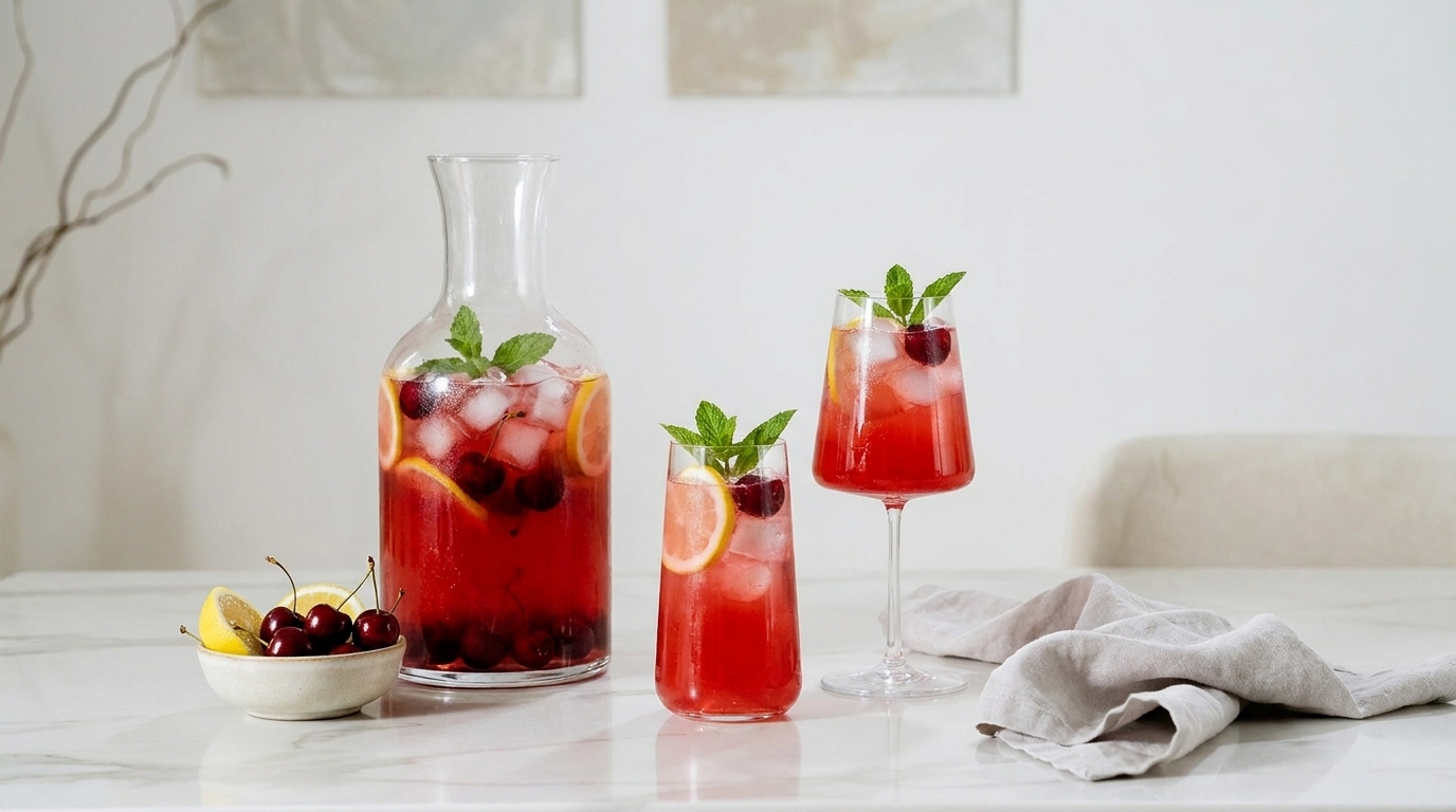 Auf dem Bild sind eine Karaffe und zwei Gläser mit einem roten, fruchtigen Getränk zu sehen. Die Gläser sind mit Eis, Kirschen und Minze garniert. Neben der Karaffe steht eine Schale mit Zitronenscheiben und weiteren Kirschen. Der Hintergrund ist hell und neutral.