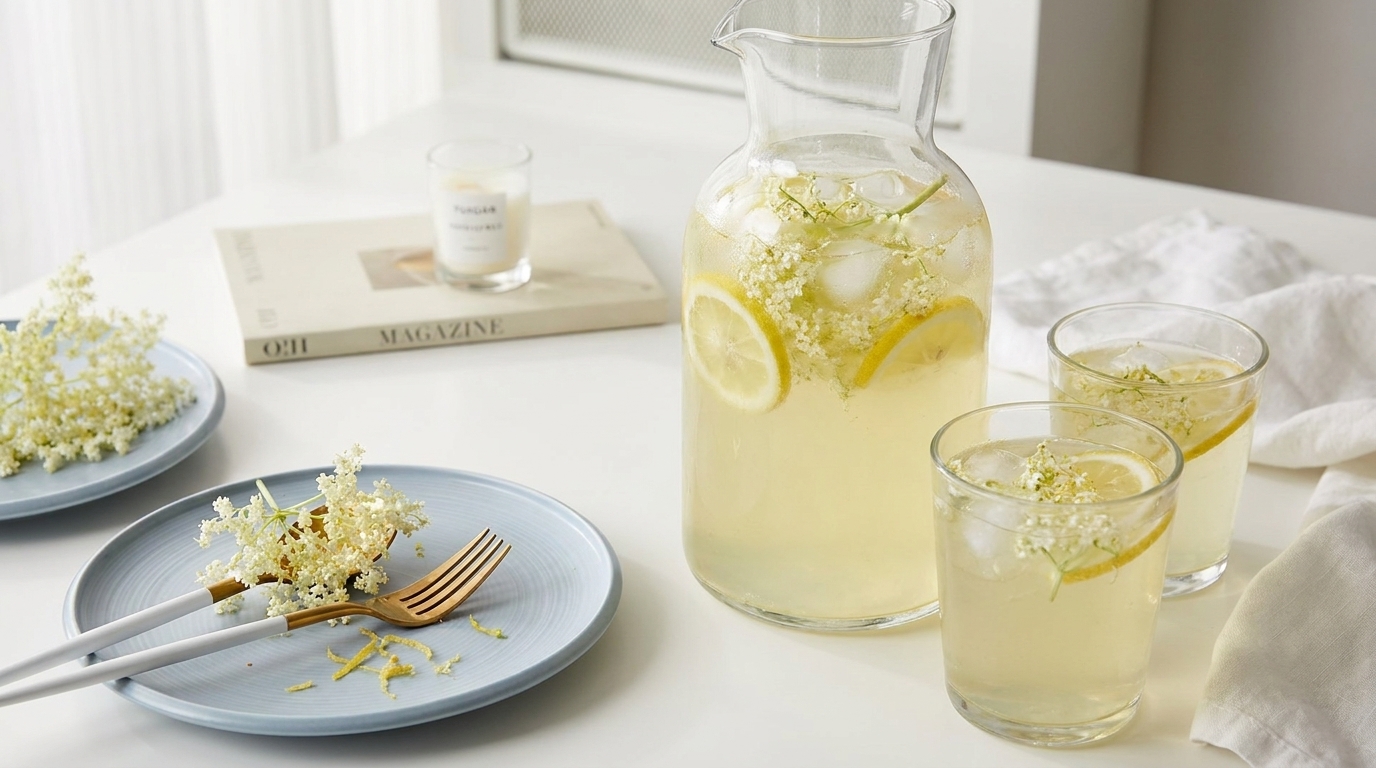 Eine Glas Karaffe mit einem erfrischenden Getränk, das mit Zitronen und Holunderblüten dekoriert ist, steht auf einem Tisch. Daneben befinden sich zwei Gläser mit dem gleichen Getränk sowie ein Teller mit einer Gabel und weiteren Holunderblüten.