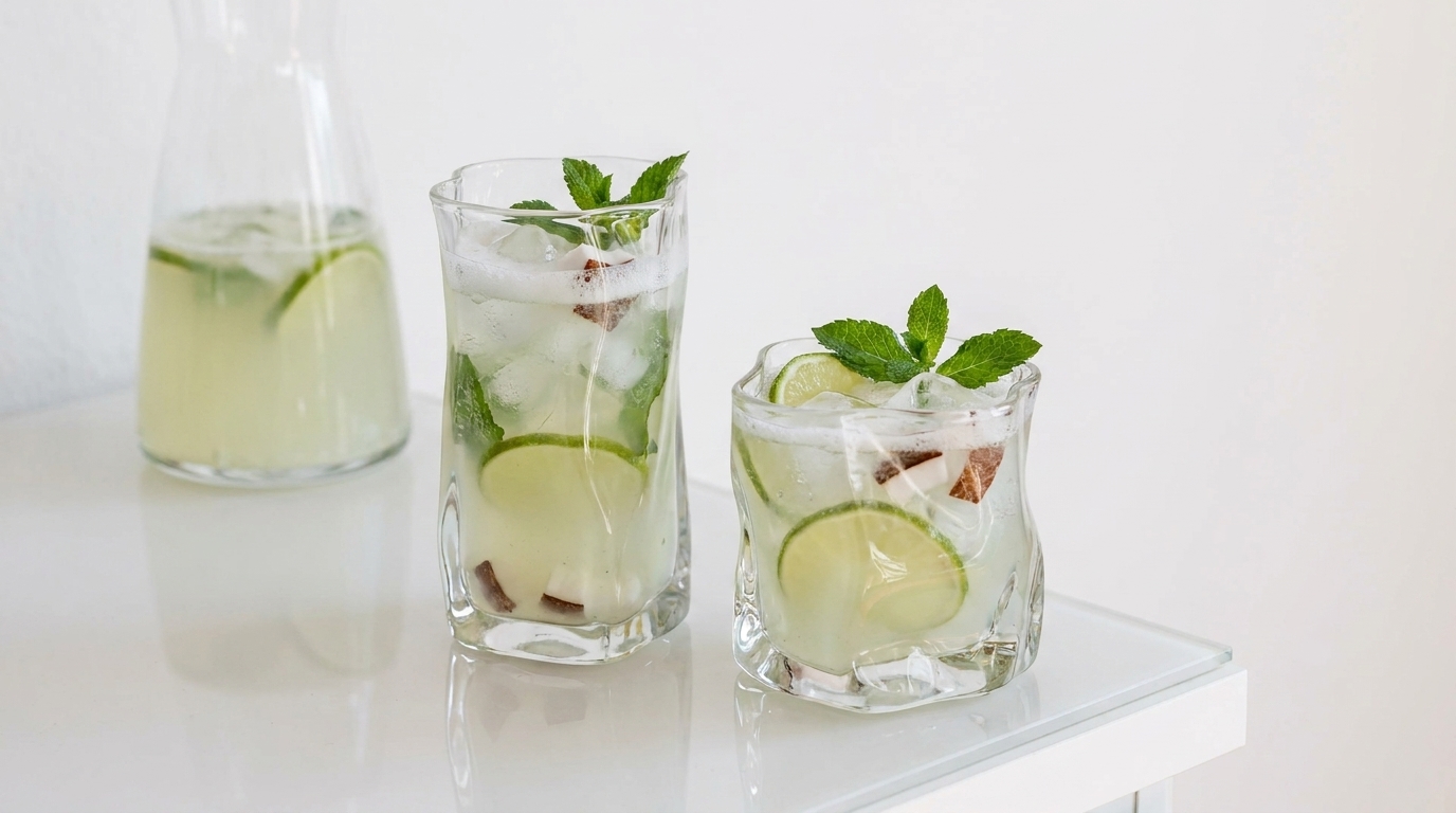 Zwei Gläser mit eisgefülltem Limetten‑Minz‑Getränk (Limettenscheiben, Minzblätter, Eiswürfel) auf weißer Oberfläche; im Hintergrund eine Karaffe mit dem gleichen Getränk.