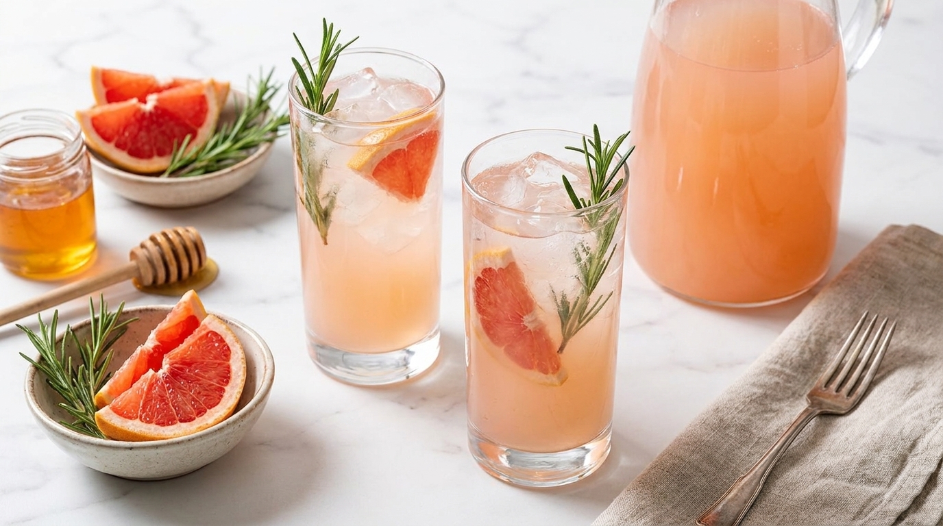 Zwei Gläser mit einem pinken Getränk, garniert mit Rosmarin und Grapefruitstücken, stehen auf einem Tisch. Neben ihnen befinden sich ein Krug mit dem gleichen Getränk und eine Schüssel mit Grapefruit. Ein Glas Honig und ein Löffel runden die Szene ab.