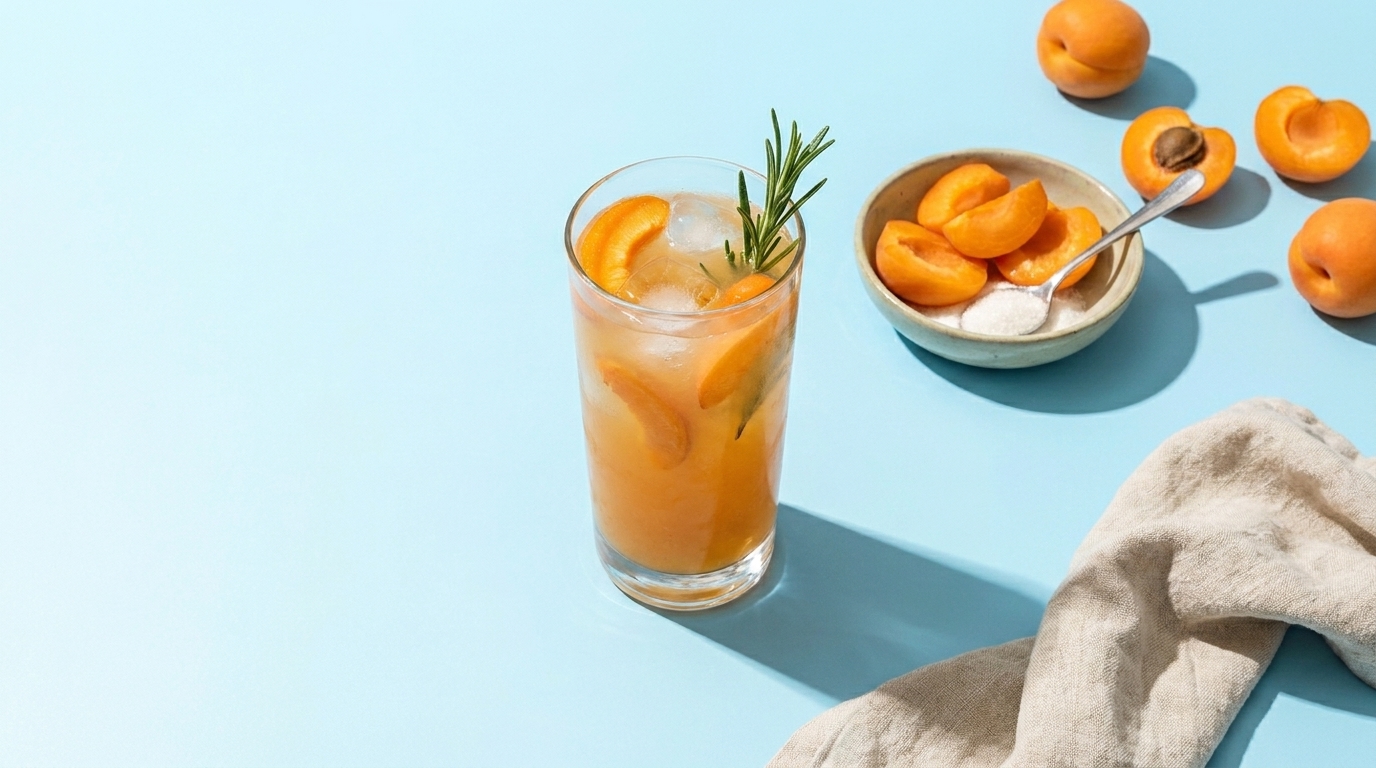 Ein Glas mit einer orangefarbenen Drink, garniert mit frischem Rosmarin. Neben dem Glas befindet sich eine kleine Schüssel mit halbierten Aprikosen und einem Löffel. Der Hintergrund ist hellblau, was eine frische, sommerliche Atmosphäre vermittelt.