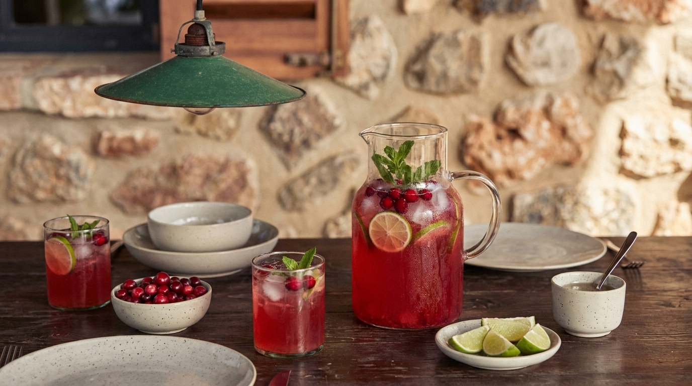 Ein Tisch ist mit einem Krug Getränk gefüllt mit frischen Limetten und Preiselbeeren dekoriert. Daneben stehen zwei Gläser mit dem gleichen Getränk und kleine Schalen mit Limettenscheiben und Preiselbeeren. Die Atmosphäre ist einladend und gemütlich.