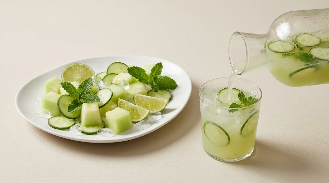 Ein Glas erfrischendes Getränk wird aus einer Kanne gegossen. Auf einem Teller befinden sich geschnittene Melonenstücke, Gurken und Limettenscheiben, garniert mit frischen Minzblättern. Die Anordnung vermittelt ein frisches, sommerliches Aroma.