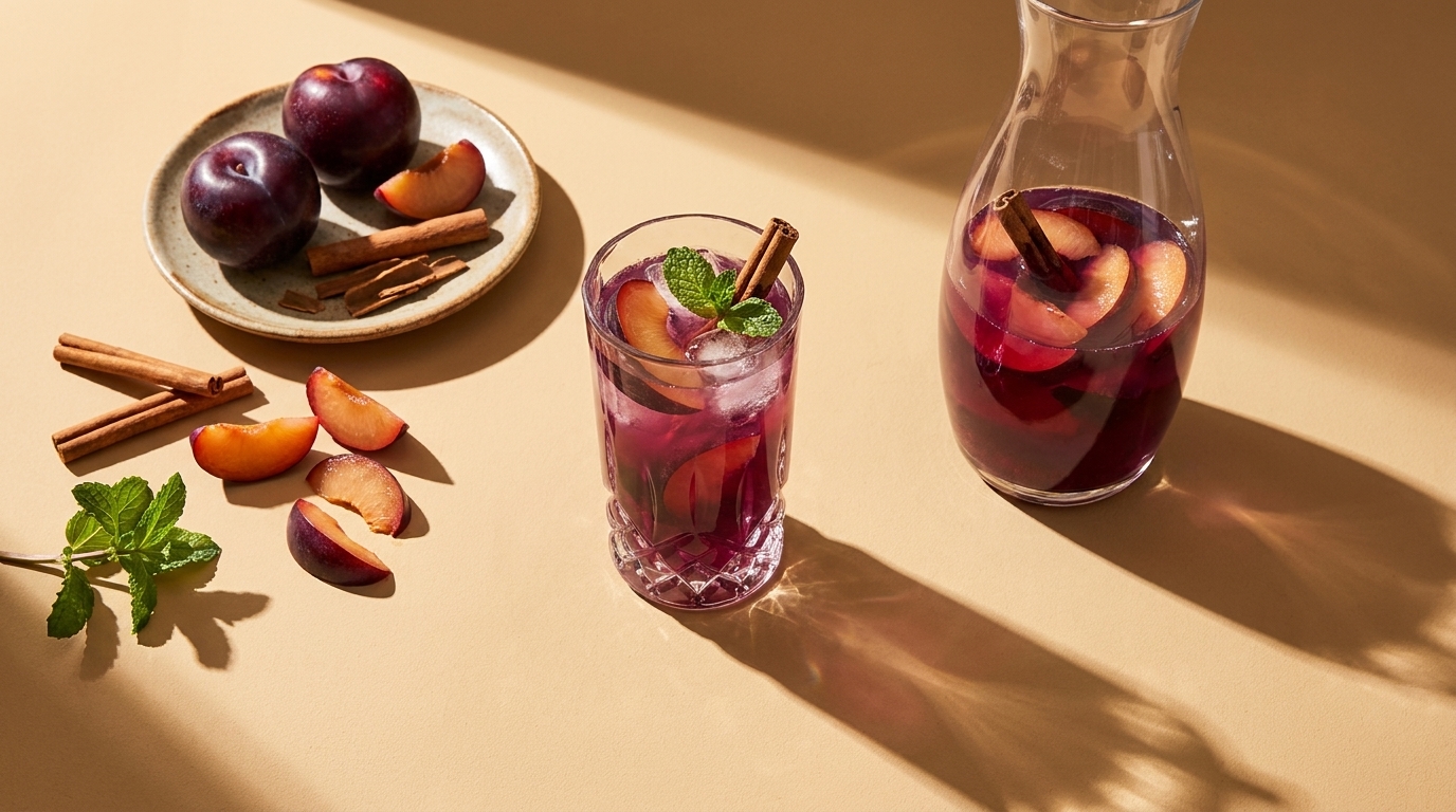 Ein Glas mit einem fruchtigen Getränk, das mit Eis, Zwetschgenstücken und einem Zimtstängel garniert ist, steht auf einem Tisch. Daneben befindet sich eine Karaffe mit dem gleichen Getränk und einige frische Zwetschgen sowie Zimtstangen liegen auf der Tischoberfläche.