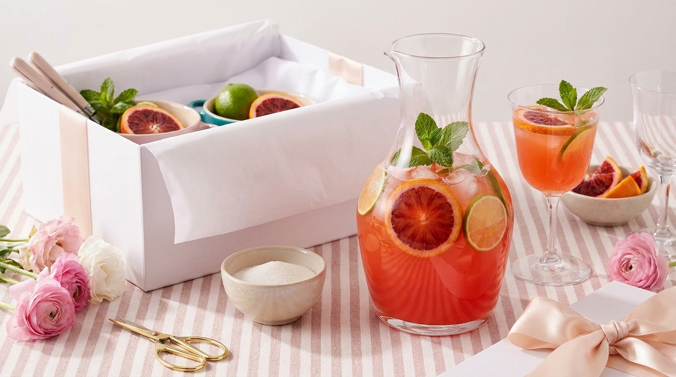 Eine stilvoll gedeckte Tischszene mit einem Krug fruchtigem Getränk, garniert mit Blutorangen- und Limettenscheiben. Daneben stehen Gläser mit ähnlichem Getränk, eine Schüssel Zucker und eine dekorative Box mit frischen Limetten. Blumenarrangements ergänzen die ansprechende Präsentation.