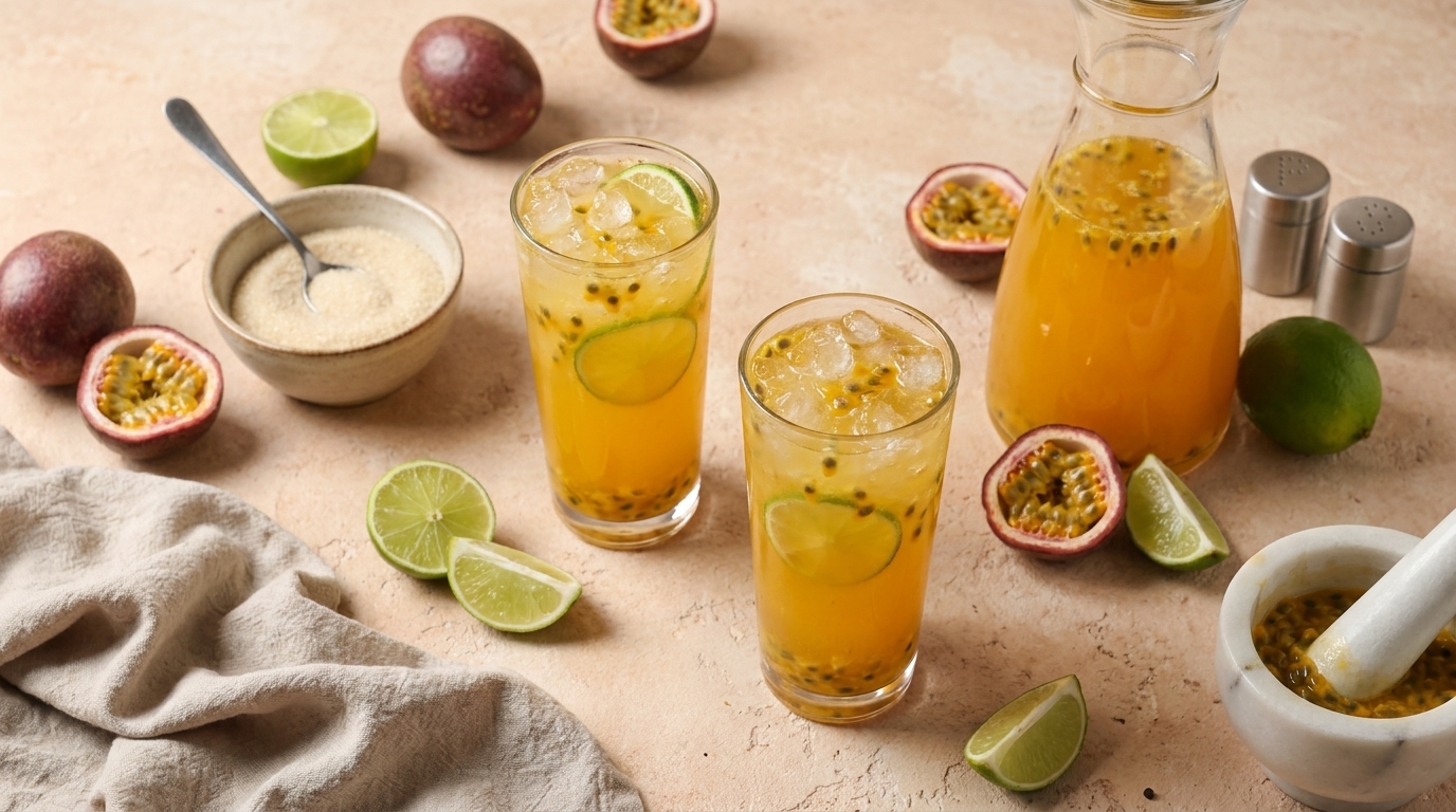 Zwei Gläser mit einem erfrischenden Getränk aus Passionsfrucht und Limette, garniert mit Eiswürfeln, stehen auf einem Tisch. Um sie herum liegen frische Limettenscheiben und halbierte Passionsfrüchte. Im Hintergrund befindet sich eine Karaffe mit dem gleichen Getränk.