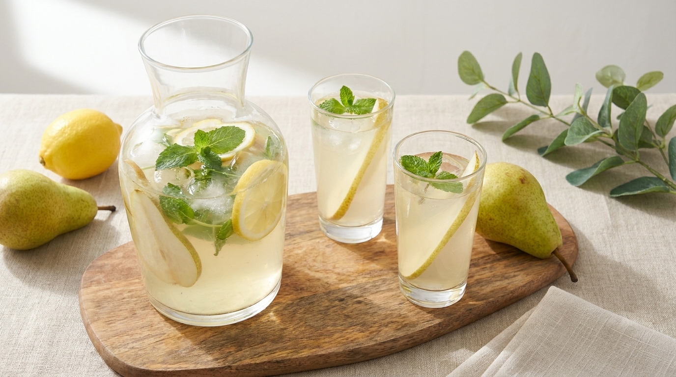 Eine Glas Karaffe mit erfrischendem Getränk, gefüllt mit Zitronenscheiben und Minze, steht auf einem Holzbrett. Daneben liegen zwei Gläser mit dem gleichen Getränk. Einige Zitronen und Birnen sind ebenfalls um das Brett herum angeordnet.
