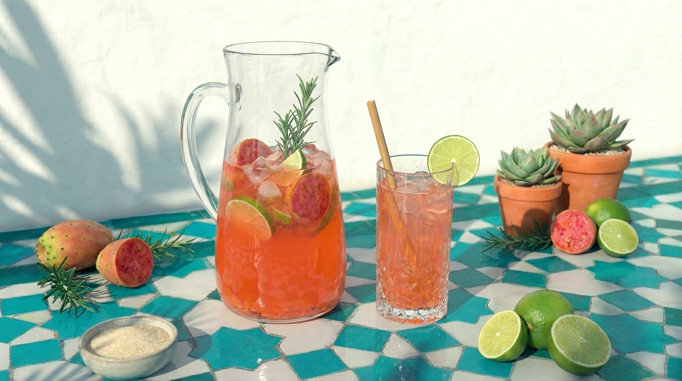 Ein Glas und eine Karaffe mit einem fruchtigen Getränk stehen auf einem bunten, gemusterten Tisch. Das Getränk ist mit Limettenstücken und Kräutern dekoriert. Neben den Gefäßen liegen einige Früchte und kleine Pflanzen in Töpfen.