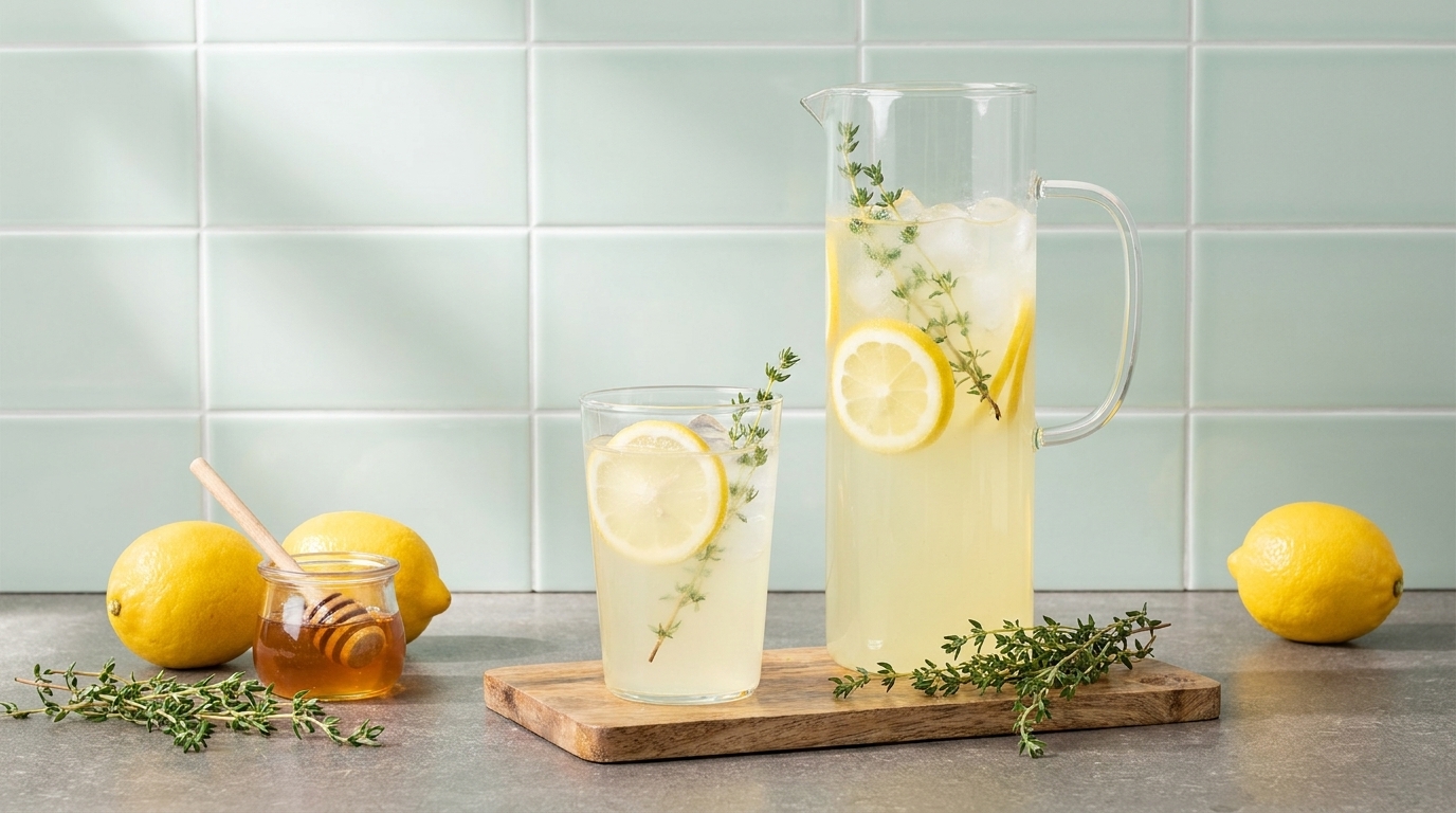Ein Glas und eine Karaffe mit Zitronenlimonade stehen auf einem Holzbrett. Die Limonade ist mit Zitronenscheiben und frischen Thymianzweigen garniert. Neben den Gläsern liegen zwei Zitronen und ein Glas Honig mit einem Löffel. Der Hintergrund hat helle Fliesen.