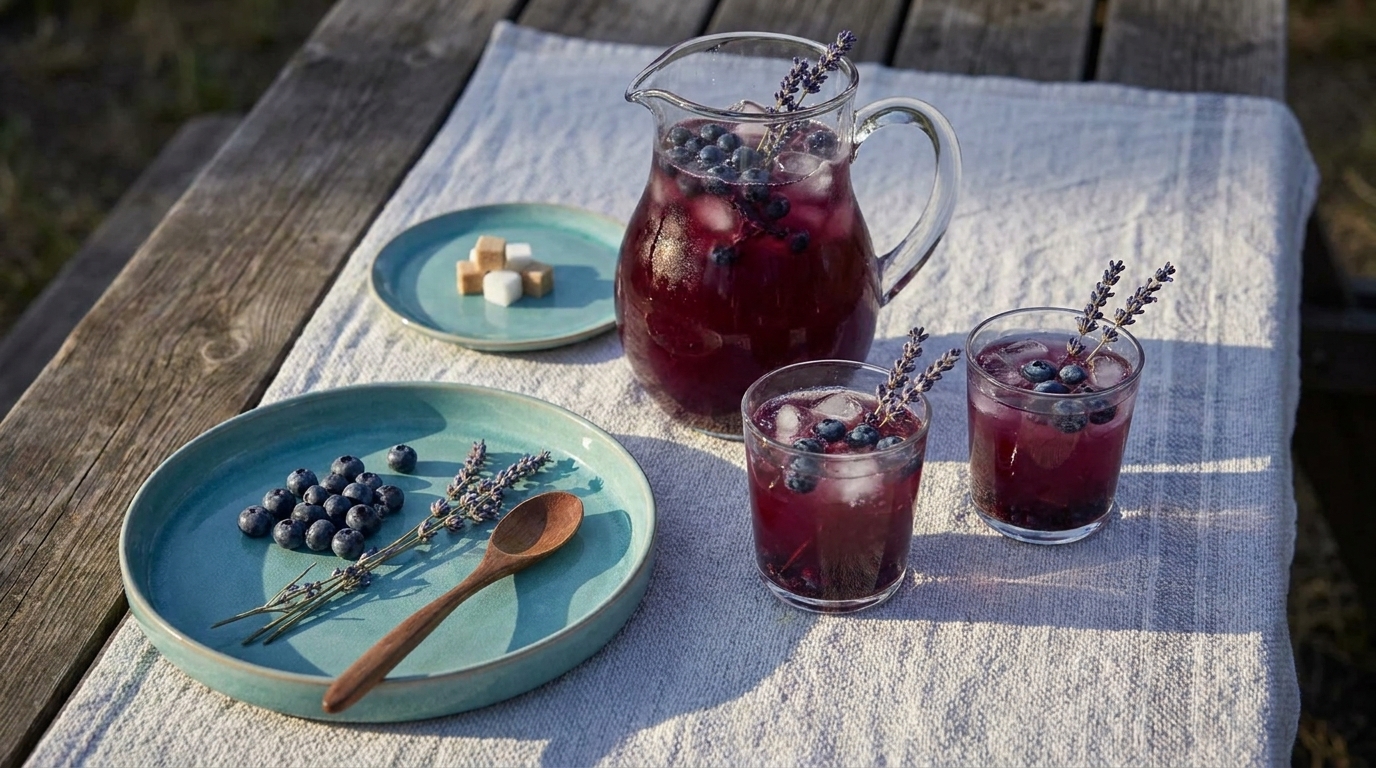 Auf einem Tisch liegt eine weiße Tischdecke. Ein Krug mit einer dunklen, fruchtigen Getränkemischung steht daneben, gefüllt mit Eis und Lavendel. Zwei Gläser mit dem gleichen Getränk sind gefüllt und mit Lavendel dekoriert. Auf einem grünen Teller liegen Heidelbeeren und ein Holzlöffel.
