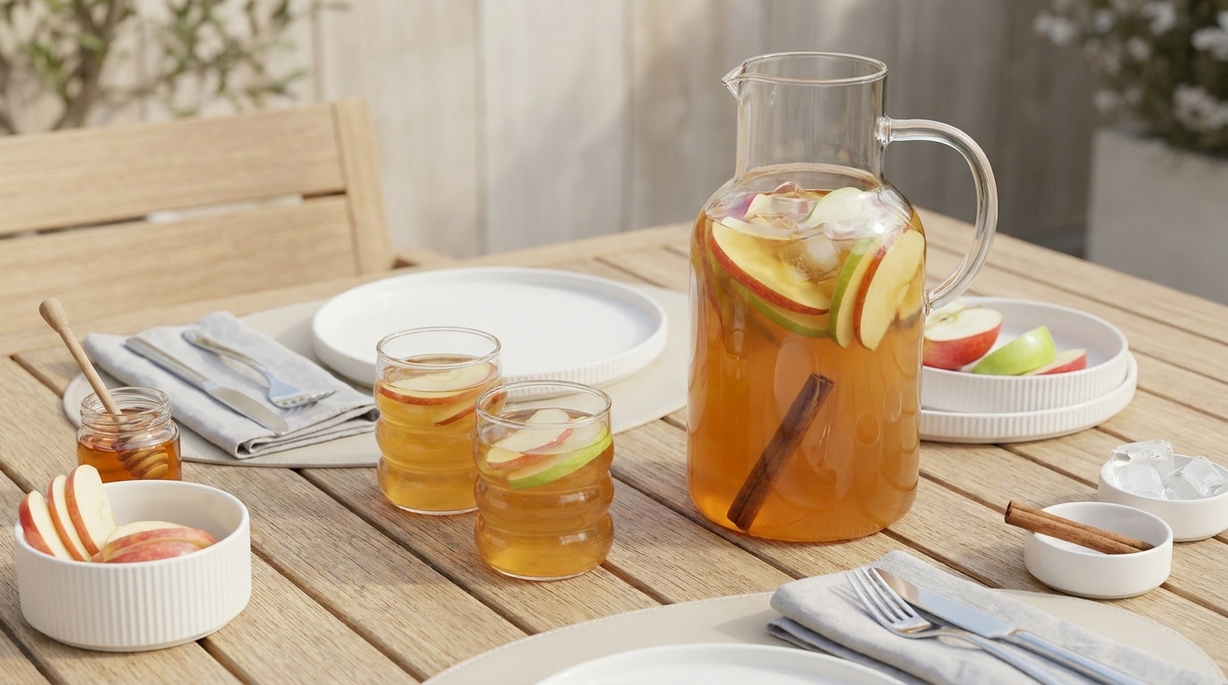 Ein Tisch im Freien ist gedeckt mit einem Krug Apfelgetränk, gefüllt mit Apfelstücken und einem Zimtstängel. Dazu stehen Gläser mit dem Getränk, eine Schüssel mit Apfelstücken und ein Honigglas. Die Umgebung vermittelt eine entspannte Atmosphäre.