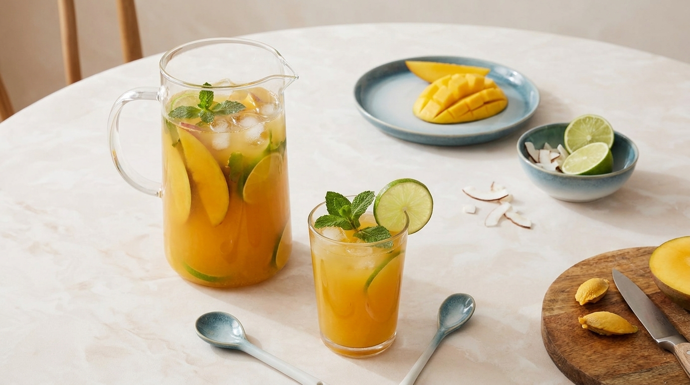 Ein Krug und ein Glas erfrischendes Getränk mit Mango und Limette, garniert mit frischer Minze. Im Hintergrund stehen ein Teller mit geschnittenen Mangostücken und eine Schüssel mit Limettenscheiben sowie Kokosnussstücken auf einem hellen Tisch.