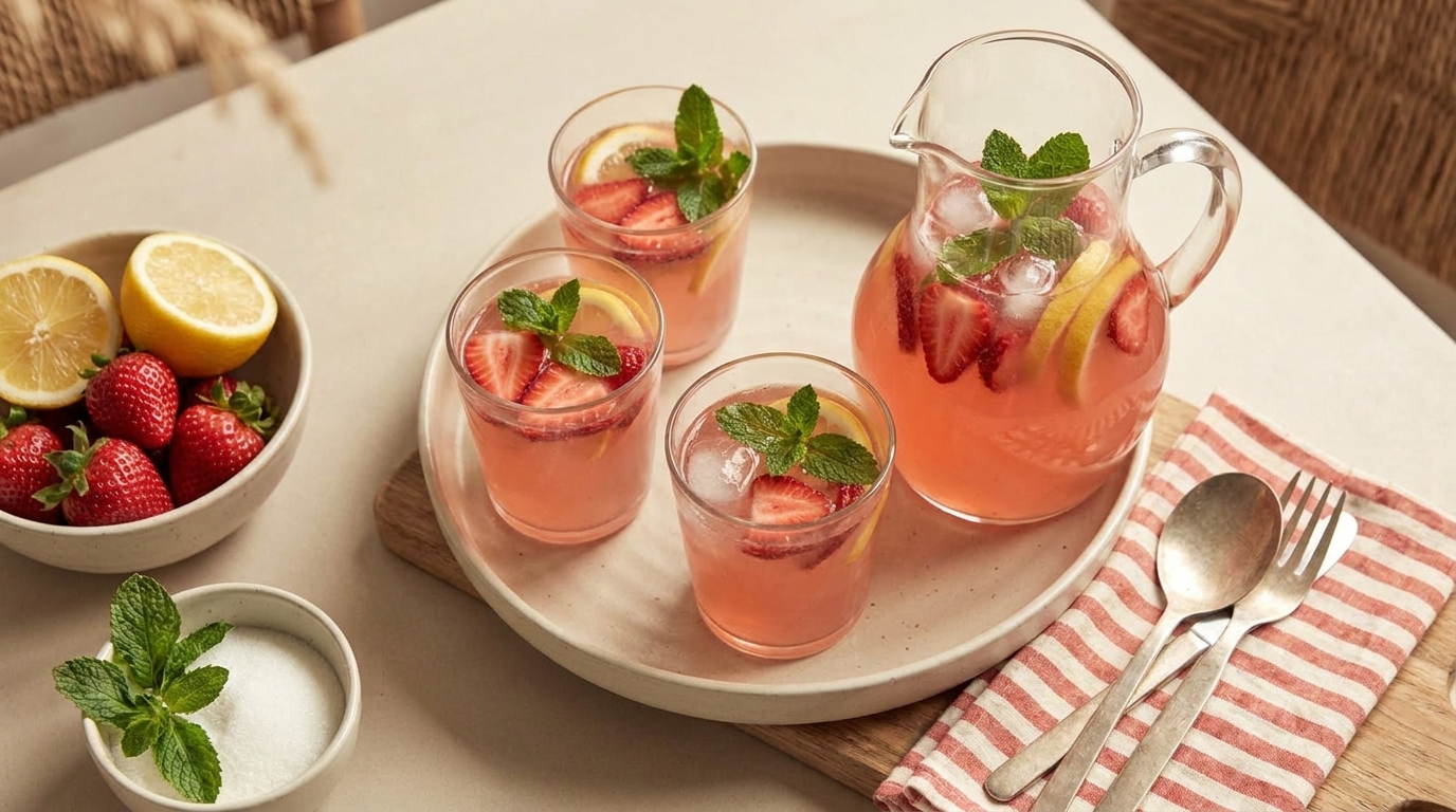 Auf einem Tisch steht ein Tablett mit einer Glaskaraffe und drei Gläsern mit rosafarbener Limonade, garniert mit frischen Erdbeeren und Minze. Nebenan befinden sich eine Schale mit Erdbeeren, eine Schale mit Zucker und einige Limonenscheiben.