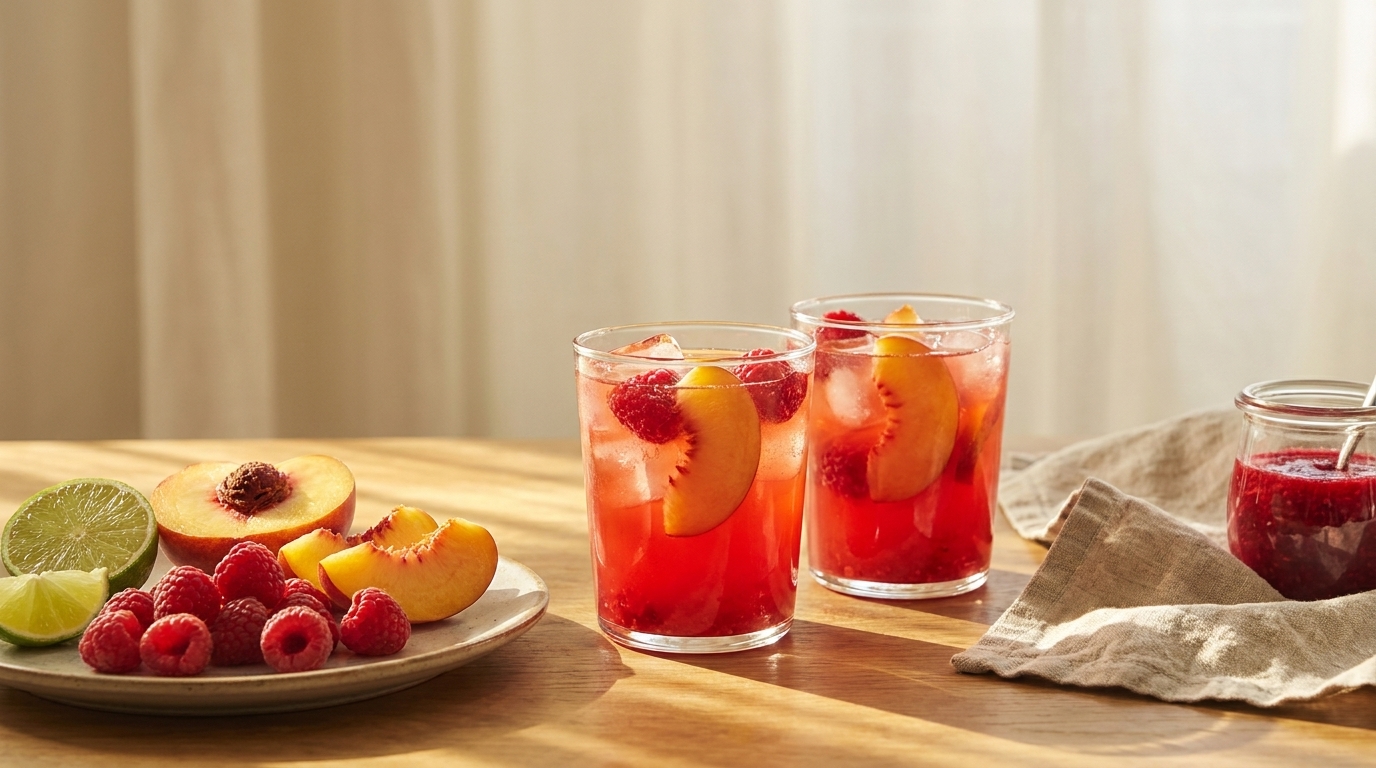 Auf dem Tisch stehen zwei Gläser mit einem fruchtigen Getränk, das Himbeeren und Pfirsichscheiben enthält. Neben den Gläsern liegt ein Teller mit frischen Himbeeren, geschnittenem Pfirsich und einer Limette. Ein Glas mit fruchtigem Aufstrich ist ebenfalls sichtbar.