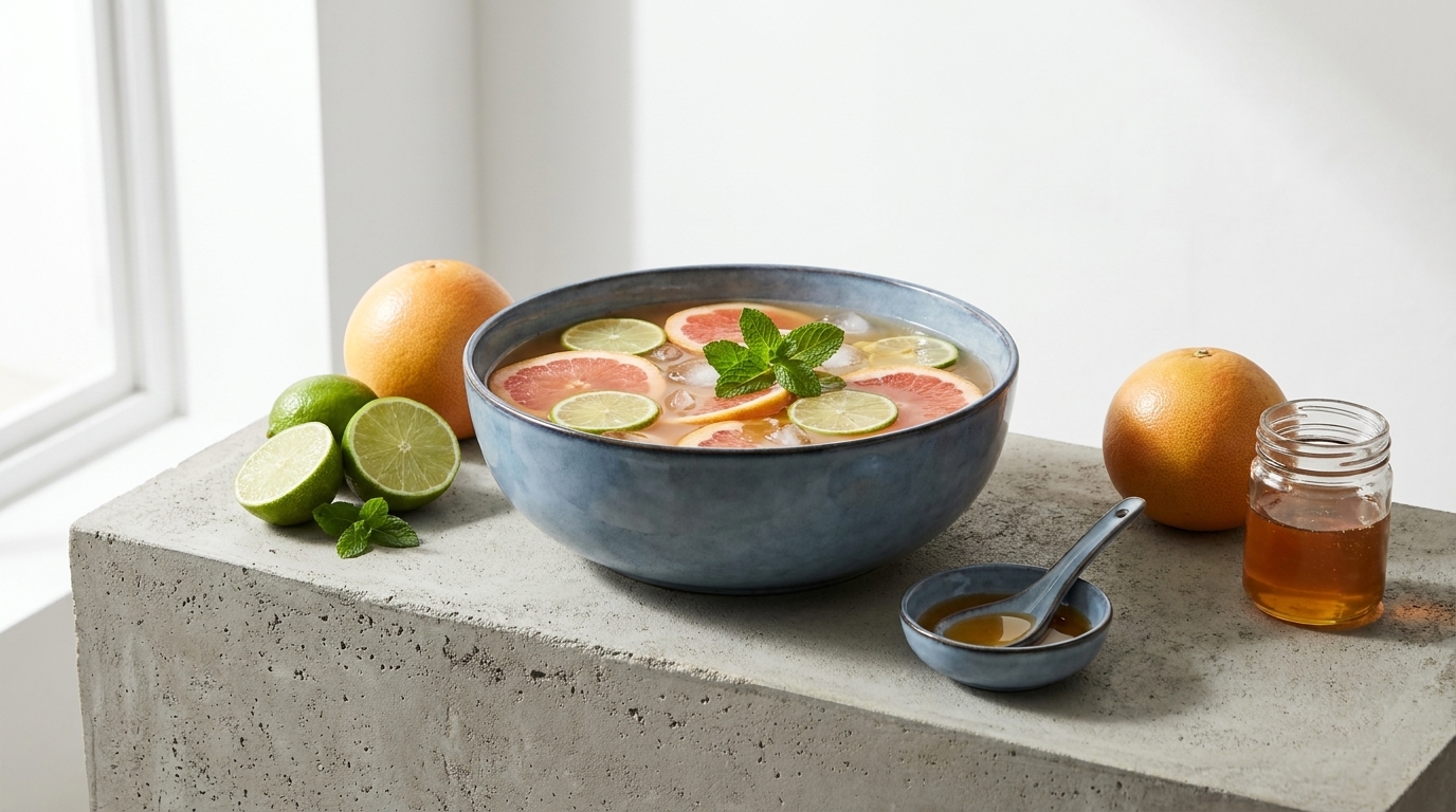 Eine große Schüssel mit erfrischendem Obstsalat, der Grapefruit- und Limettenscheiben sowie Minzblätter enthält, steht auf einer Betonfläche. Daneben liegen einige Limetten und Orangen, sowie ein kleines Schälchen mit Honig.