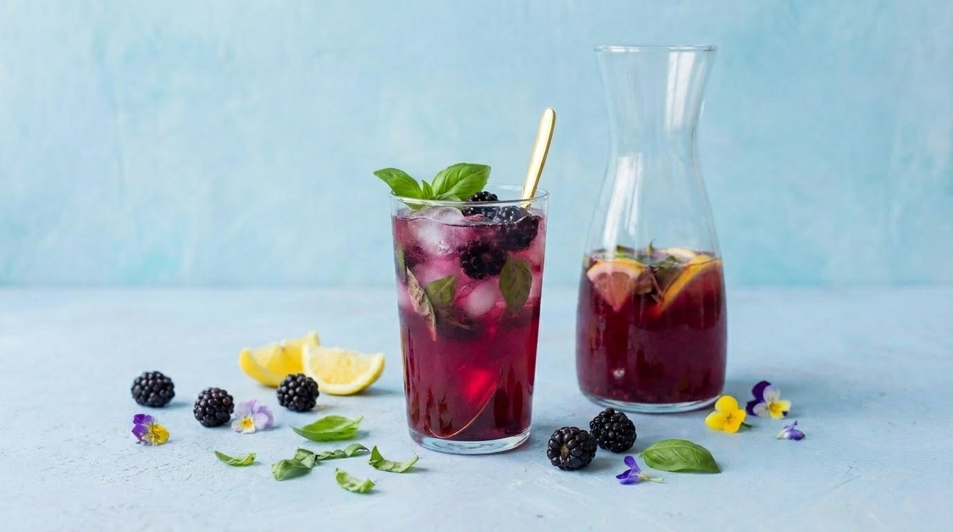 Ein Glas mit einem erfrischenden Getränk, gefüllt mit Eis, schwarzen Brombeeren und frischem Basilikum, steht neben einer Glaskaraffe, die das gleiche Getränk enthält. Einige Zitronenscheiben und essbare Blüten liegen auf dem Tisch. Der Hintergrund ist in sanften Blau- und Pastelltönen gehalten.