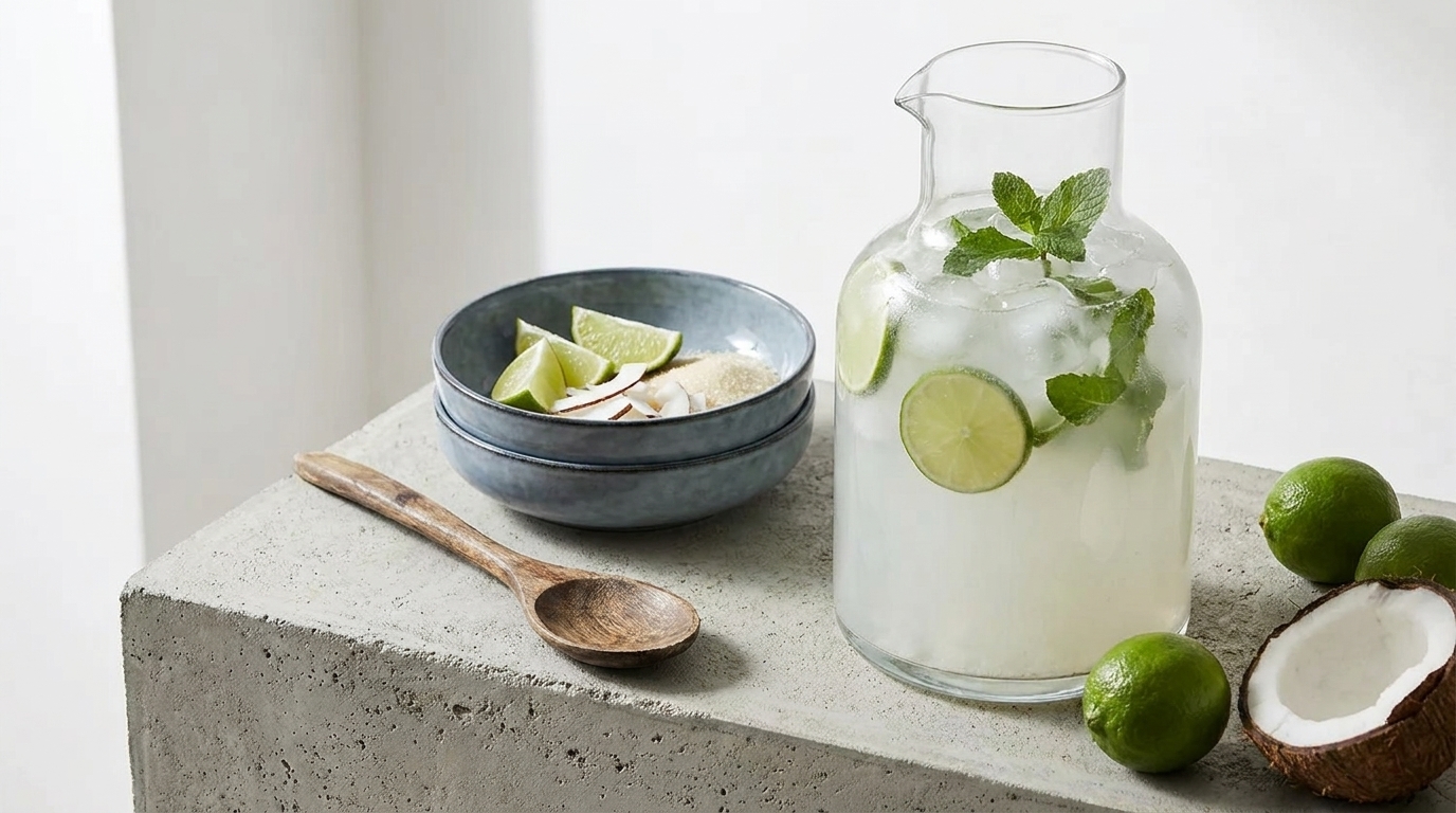 Eine Glaskanne mit erfrischendem Getränk, das Eis, Limetten und Minze enthält, steht auf einem Betonblock. Daneben befindet sich eine Schüssel mit Limettenstücken und einer Holzlöffel. Weitere Limetten und eine halbierte Kokosnuss liegen auf der Oberfläche.