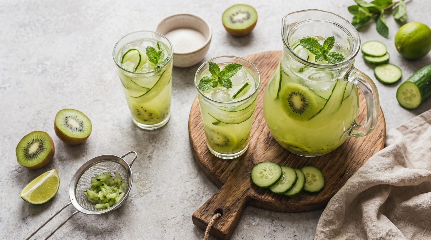 Ein Krug mit einem erfrischenden Getränk aus Kiwi, Gurke und Minze steht auf einem Holzbrett. Darum herum sind zwei Gläser mit Eiswürfeln gefüllt. Frische Kiwi- und Limettenscheiben sowie Gurkenscheiben liegen ebenfalls auf dem Brett.