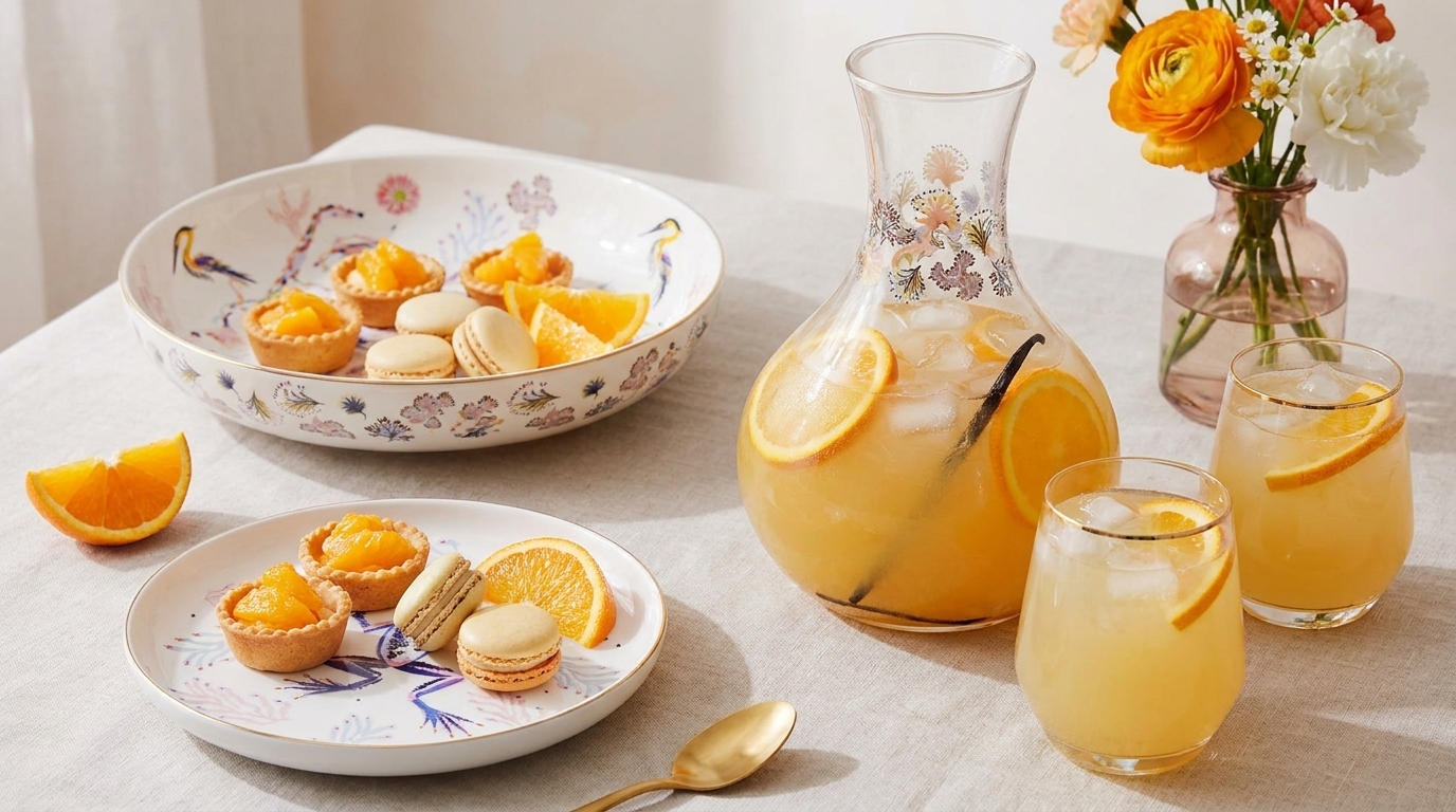 Ein gedeckter Tisch mit einer Dekanterschale gefüllt mit einem Getränk, garniert mit Orangenscheiben. Nebenan stehen zwei Gläser mit dem gleichen Getränk. Auf einem Teller befinden sich kleine Törtchen und Macarons, ergänzt von Orangenscheiben. Blumen in einer Vase runden das Bild ab.