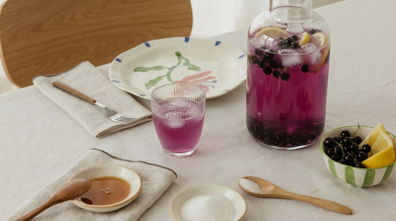 Auf dem Tisch steht eine Karaffe mit einer lila Getränkemischung, die mit schwarzen Johannisbeeren und Zitronenscheiben dekoriert ist. Daneben ein Glas mit dem gleichen Getränk, einige Schalen mit Honig, Zucker und Zitronenscheiben sowie ein bunt bemalter Teller.