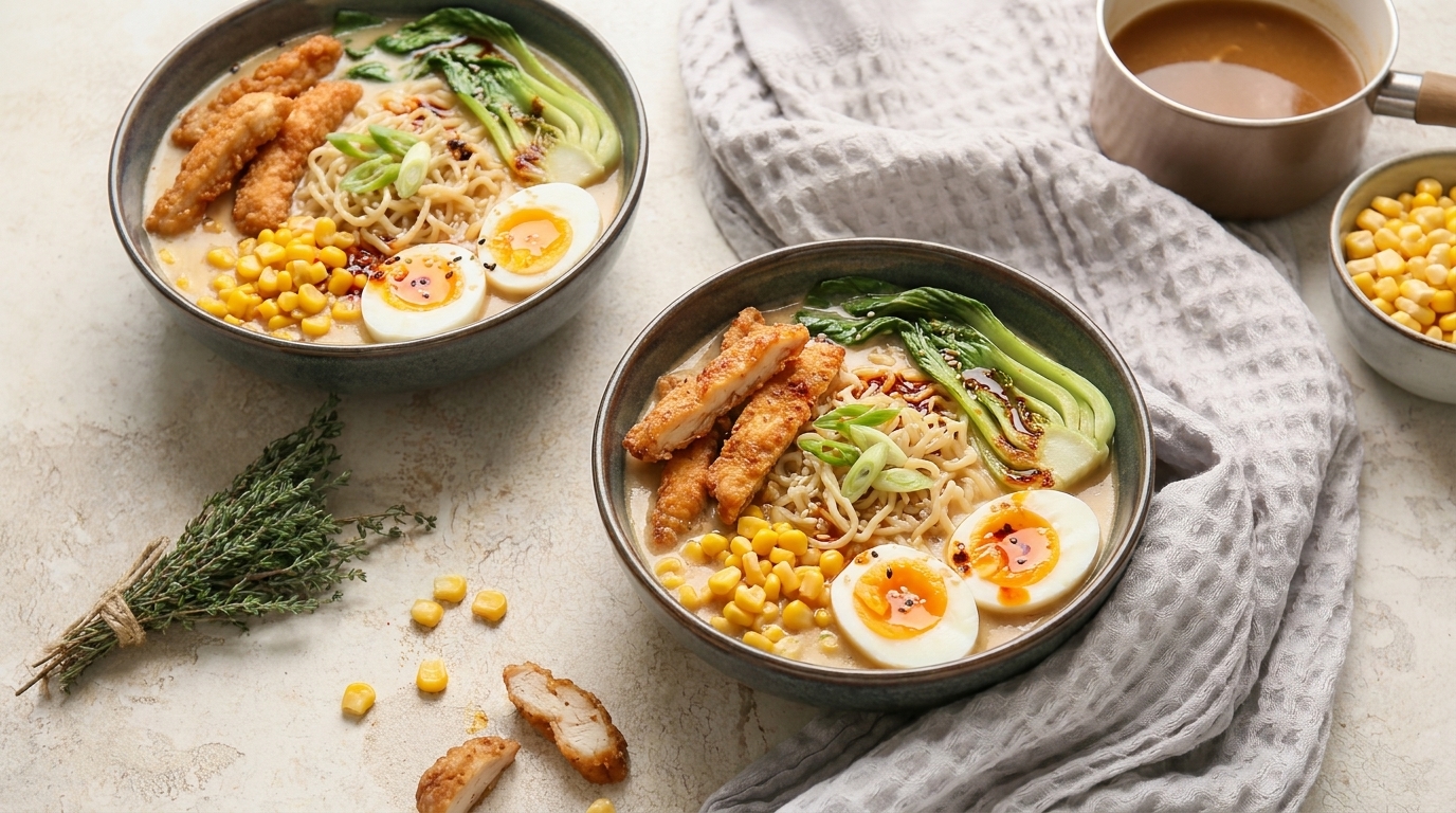 Zwei Schalen Ramen mit Hähnchenstreifen, gekochten Eiern und Bok Choy. Zudem sind sie mit Maiskörnern garniert. Eine Tasse Brühe und eine Schale mit Maiskörnern sind ebenfalls neben den Ramen platziert.