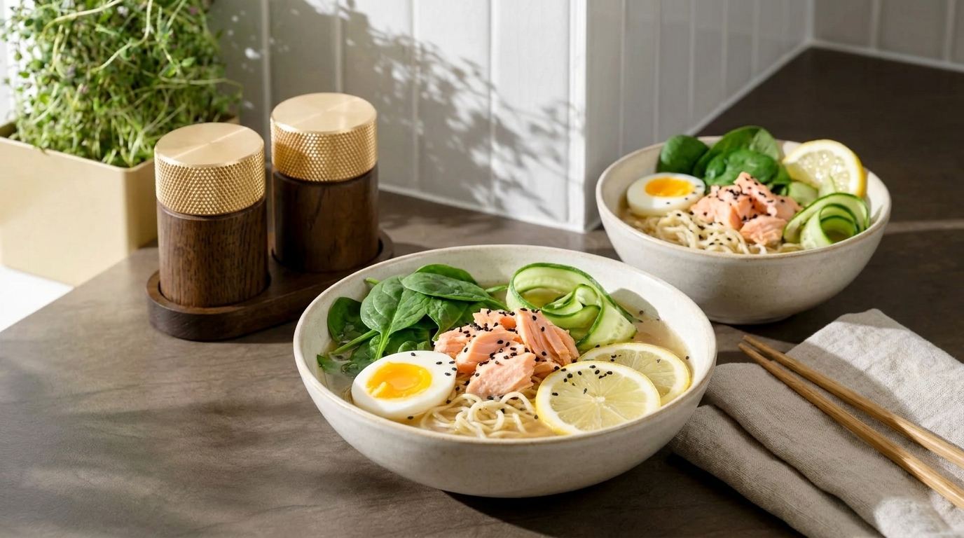 Eine Schüssel mit Nudeln, Spinat, Lachs, einem weichgekochten Ei und Zitronenscheiben. Daneben steht eine zweite Schüssel mit ähnlichem Inhalt. Im Hintergrund sind zwei hölzerne Gewürzbehälter sichtbar. Das Gesamtbild vermittelt eine frische, gesunde Mahlzeit.