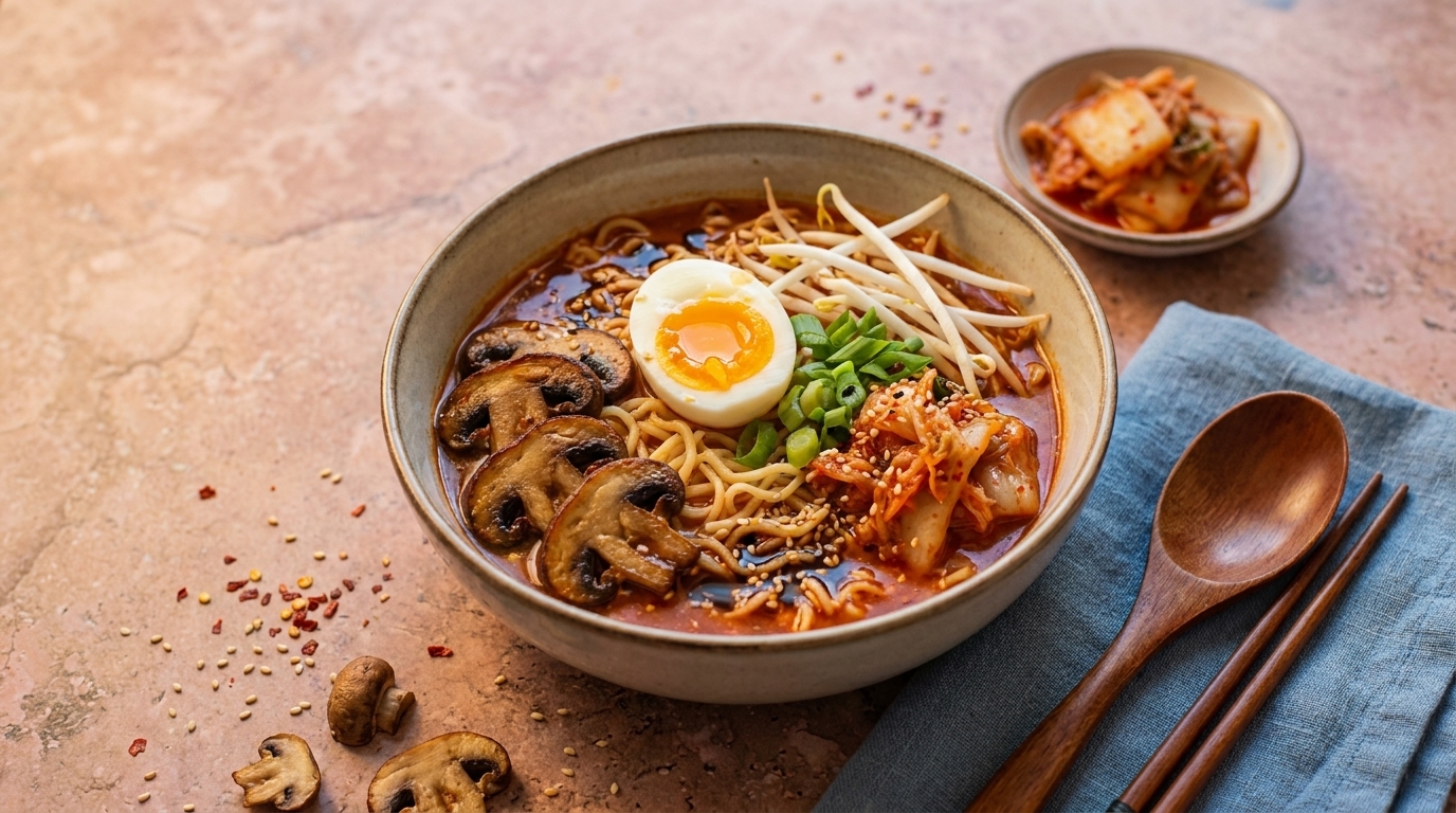 Eine Schüssel mit Ramen-Nudeln in einer würzigen Brühe, garniert mit weichem Ei, Sprossen und eingelegtem Gemüse. Nebenan befindet sich eine kleine Schüssel mit Kimchi. Holzlöffel und Essstäbchen liegen bereit.