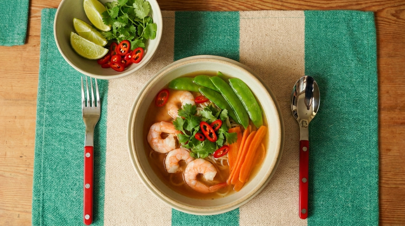 Eine Schüssel mit Ramen-Suppe, gefüllt mit Garnelen, Karotten, Zuckerschoten und frischen Kräutern. Neben der Schüssel befindet sich eine kleine Schale mit Limettenstücken und roten Chili-Scheiben. Das Geschirr liegt auf einem gestreiften Tischset.