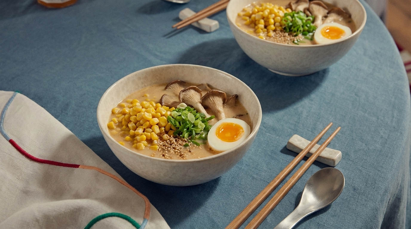 Zwei Schalen Ramen auf einem blauen Tisch. Die Nudeln sind mit Mais, Frühlingszwiebeln, Pilzen und einem halbierten Ei garniert. Neben den Schalen liegen Essstäbchen und ein Löffel.
