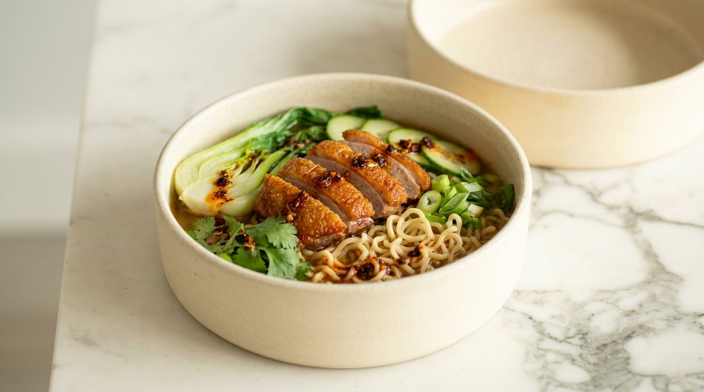 Eine runde Schüssel enthält Ramen-Nudeln, frisches Gemüse und in Scheiben geschnittenes, knuspriges Hähnchen. Das Gericht ist garniert mit frischem Koriander und ätherischen Gewürzen. Im Hintergrund ist eine zweite, leere Schüssel zu sehen.