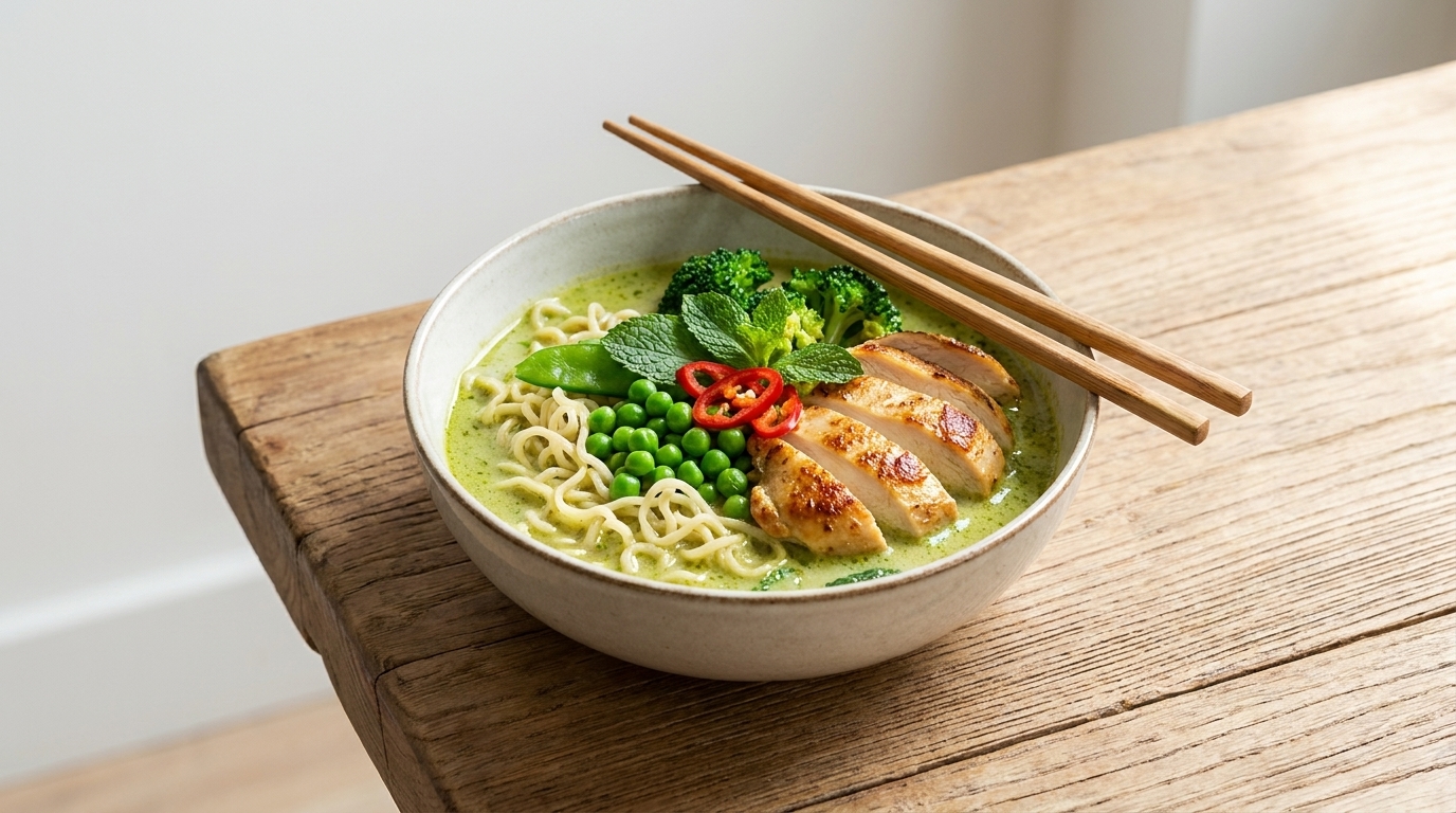 Eine Schüssel mit grüner Nudelsuppe ist auf einem Holztisch platziert. Die Suppe enthält frische Erbsen, Brokkoli, Minze und rote Chilischoten. Darauf sind in Scheiben geschnittene, gegrillte Hähnchenbruststücke und Essstäbchen liegen auf der Schüssel.