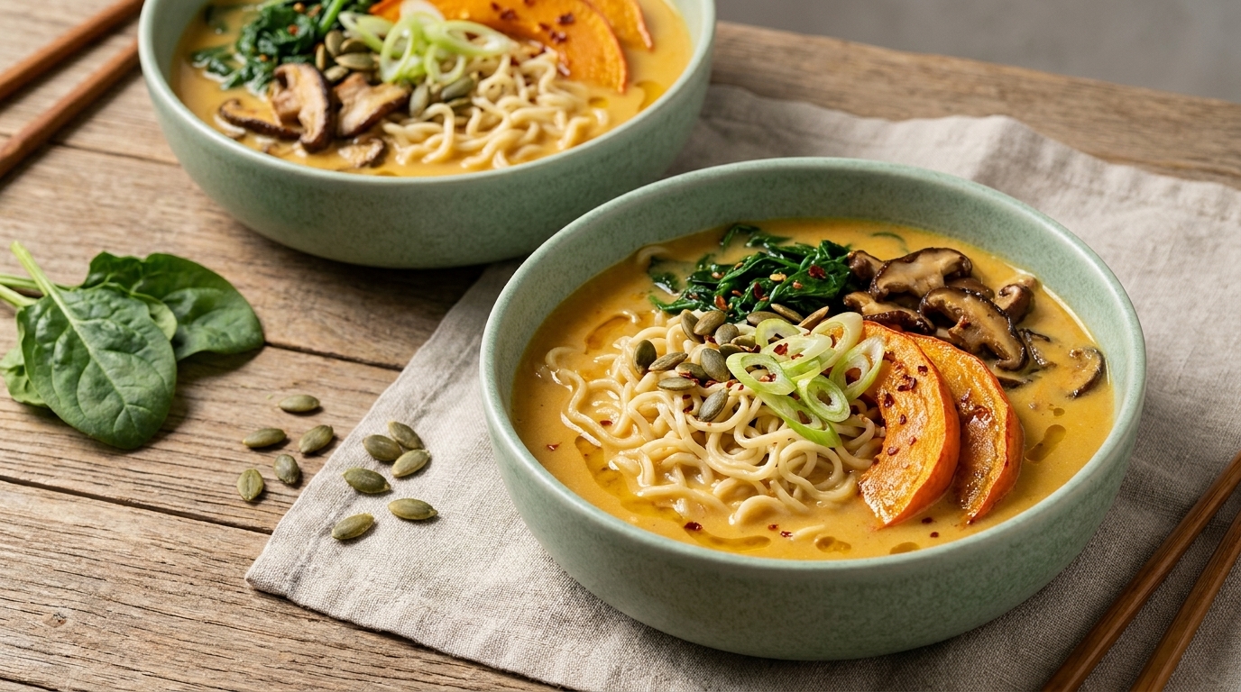 Zwei Schalen mit Ramen-Suppe stehen auf einem Holztisch. Die Suppe ist cremig und enthält Nudeln, Spinat, geschnittene Pilze und Kürbisse. Die Schalen sind aus grünem Keramik, und daneben liegen einige Kürbiskerne.