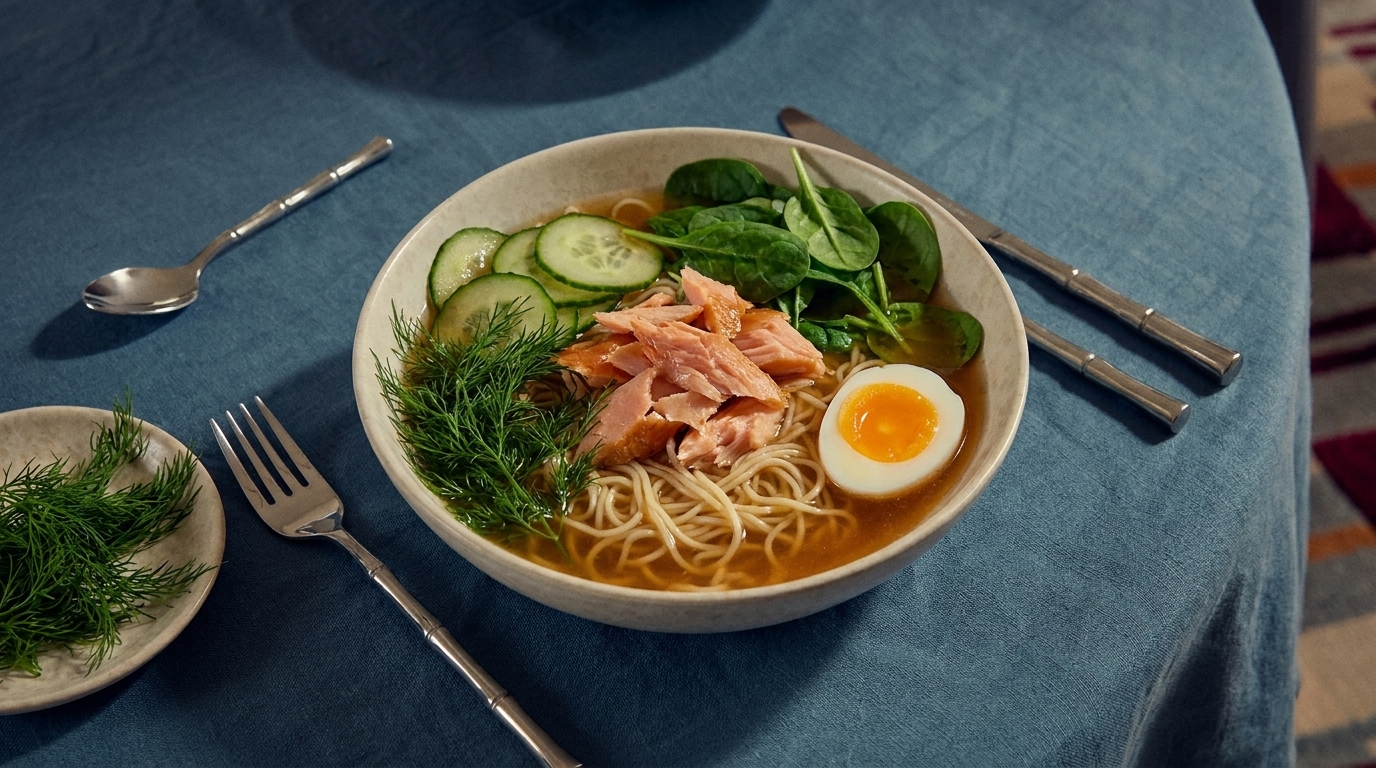 Eine Schüssel Ramen-Nudeln mit Lachs, einem weichgekochten Ei, Gurkenscheiben und frischem Spinat. Die Zutaten sind kunstvoll arrangiert, um eine appetitliche Mahlzeit zu präsentieren. Das Gericht befindet sich auf einem blauen Tisch mit Besteck daneben.