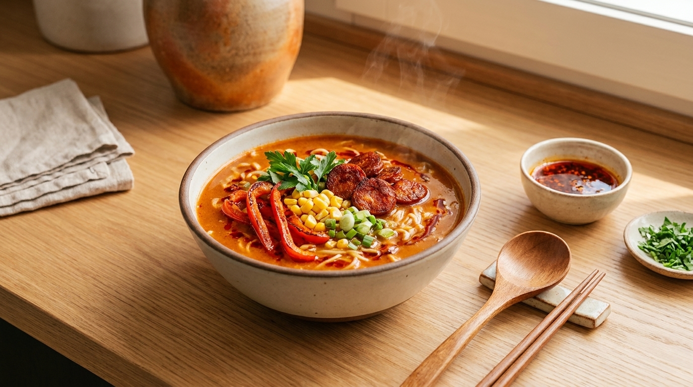 Eine appetitliche Schüssel Ramen-Nudeln mit einer würzigen Brühe, belegt mit gebratenem Fleisch, Mais und frischen Kräutern. Daneben befinden sich eine kleine Schüssel mit scharfer Sauce und gehackten Kräutern. Die Szene ist hell und einladend, auf einem Holzuntergrund platziert.