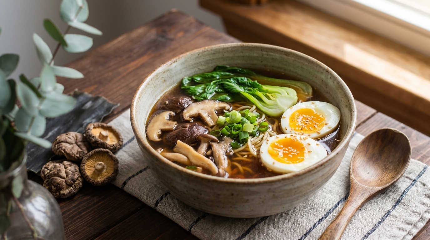 Eine Schüssel Ramen mit Brühe, gekochten Eiern, Pilzen, Frühlingszwiebeln und Pak Choi. Der Teller steht auf einem Holztisch, daneben liegt ein Holzlöffel und einige getrocknete Pilze. Hinter dem Teller ist ein Fenster mit natürlichem Licht.