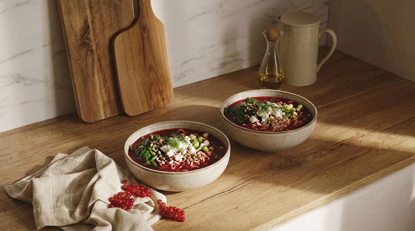 Zwei Schalen mit bunter Suppe stehen auf einem HolzTisch. Die Suppe enthält grüne Kräuter, Zwiebeln und Stücke von Gemüse. Daneben liegt ein leicht zerknittertes Tuch und einige Tomaten. Im Hintergrund sind Holzbretter und ein Krug zu sehen.