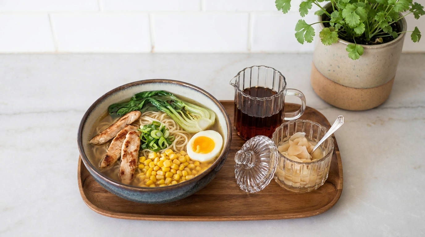 Eine Schüssel mit Ramen-Nudeln, belegt mit gegrilltem Hähnchen, Mais, einem halben Ei und Pak Choi. Daneben stehen ein Glas mit dunklem Getränk und ein Dessert in einem Glas mit einem Löffel. Im Hintergrund befindet sich ein Topf mit frischem Koriander.
