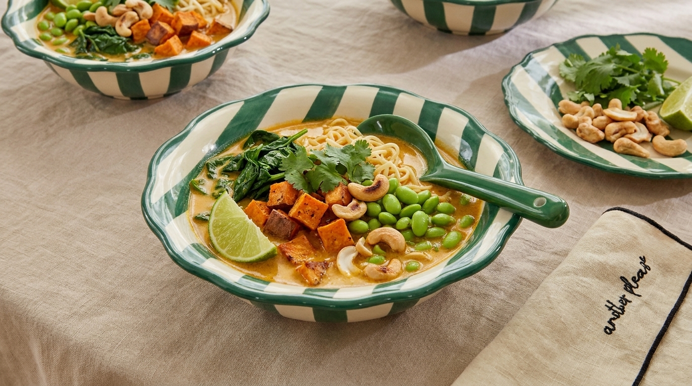 Eine grüne Schüssel mit einer bunten Nudel-Suppe. Die Suppe enthält Tofu, Edamame, frisches Gemüse, eine Limettenscheibe und ist mit Cashewkernen und Koriander garniert. Im Hintergrund stehen weitere Schalen und eine Serviette.